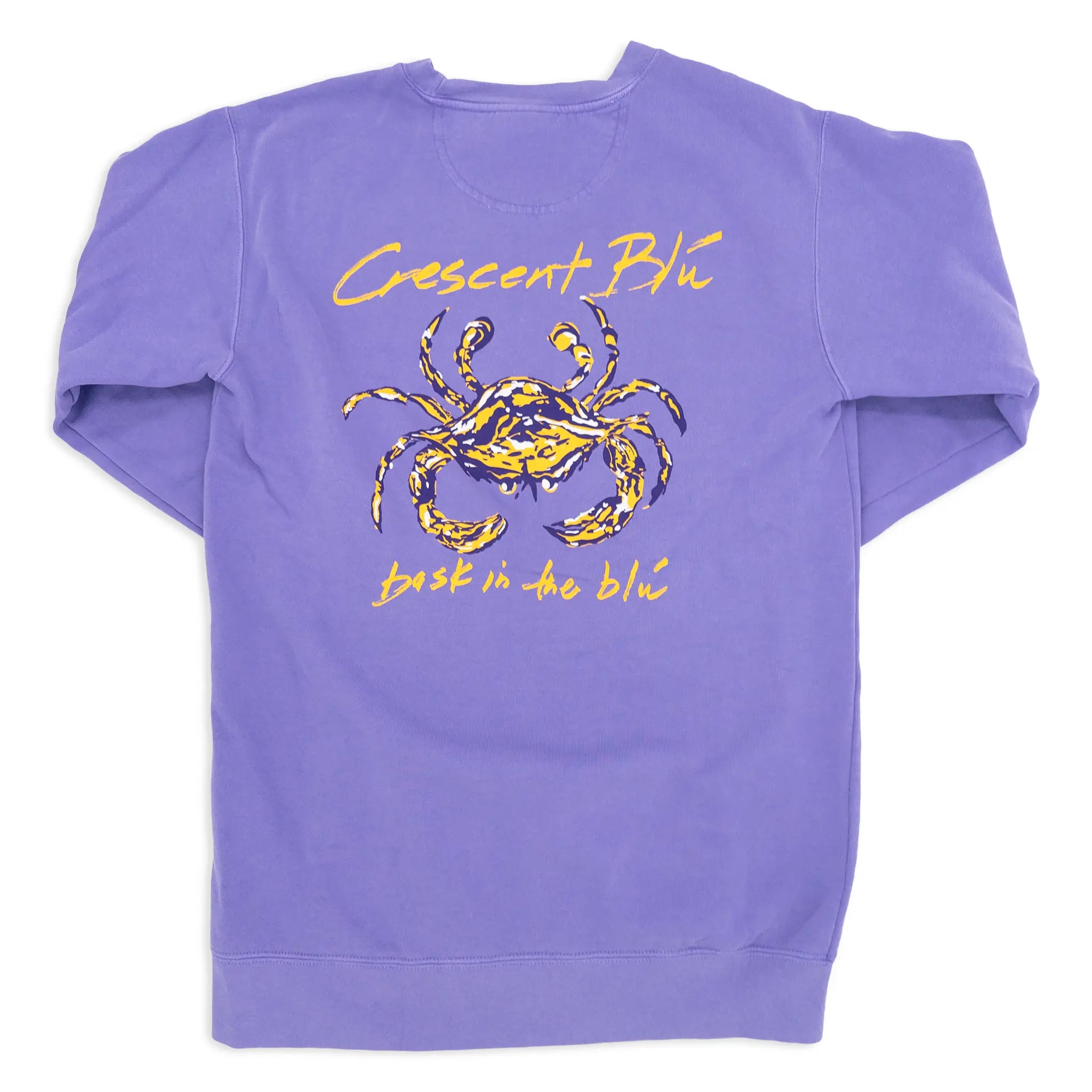 Violet crewneck sweatshirt with a Crescent Blu purple and gold crab logo centered on the back.