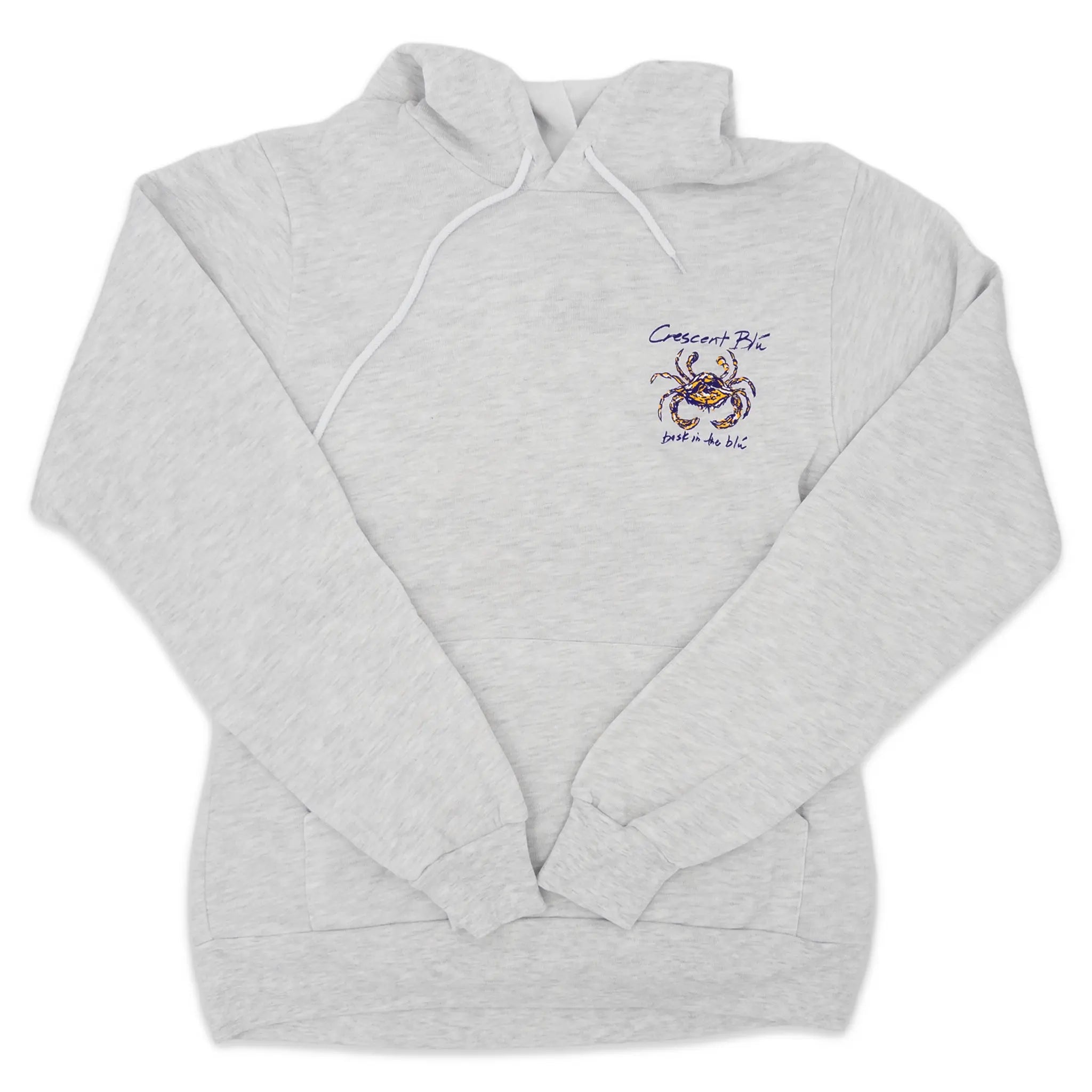 Ash hooded sweatshirt with small purple and gold crab graphic and Crescent Blú text printed on left chest
