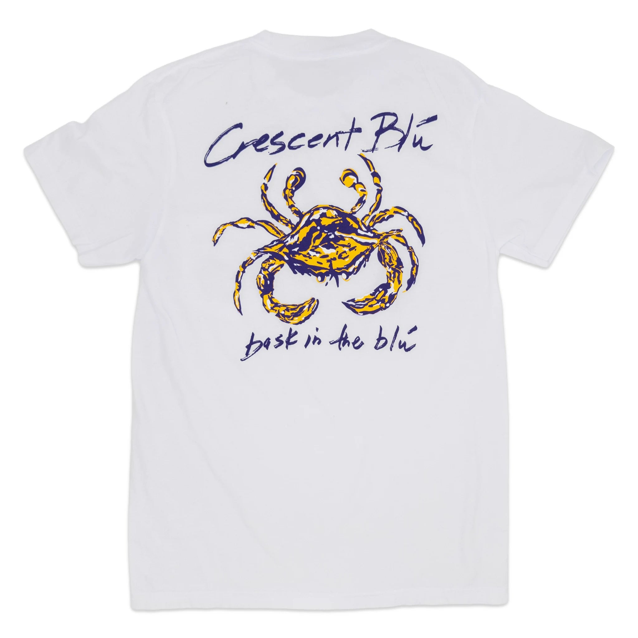 The back of a white short sleeve t-shirt with a purple and gold Crescent Blu crab logo on the back.