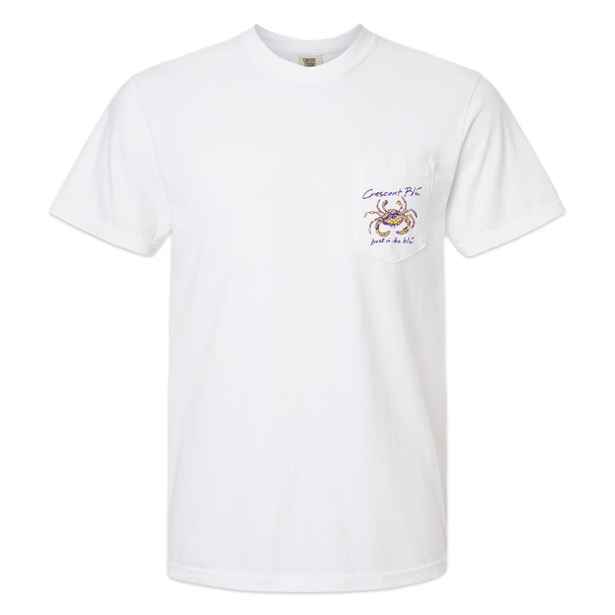A white short-sleeve crewneck pocket t-shirt with a purple and gold grab logo on the pocket