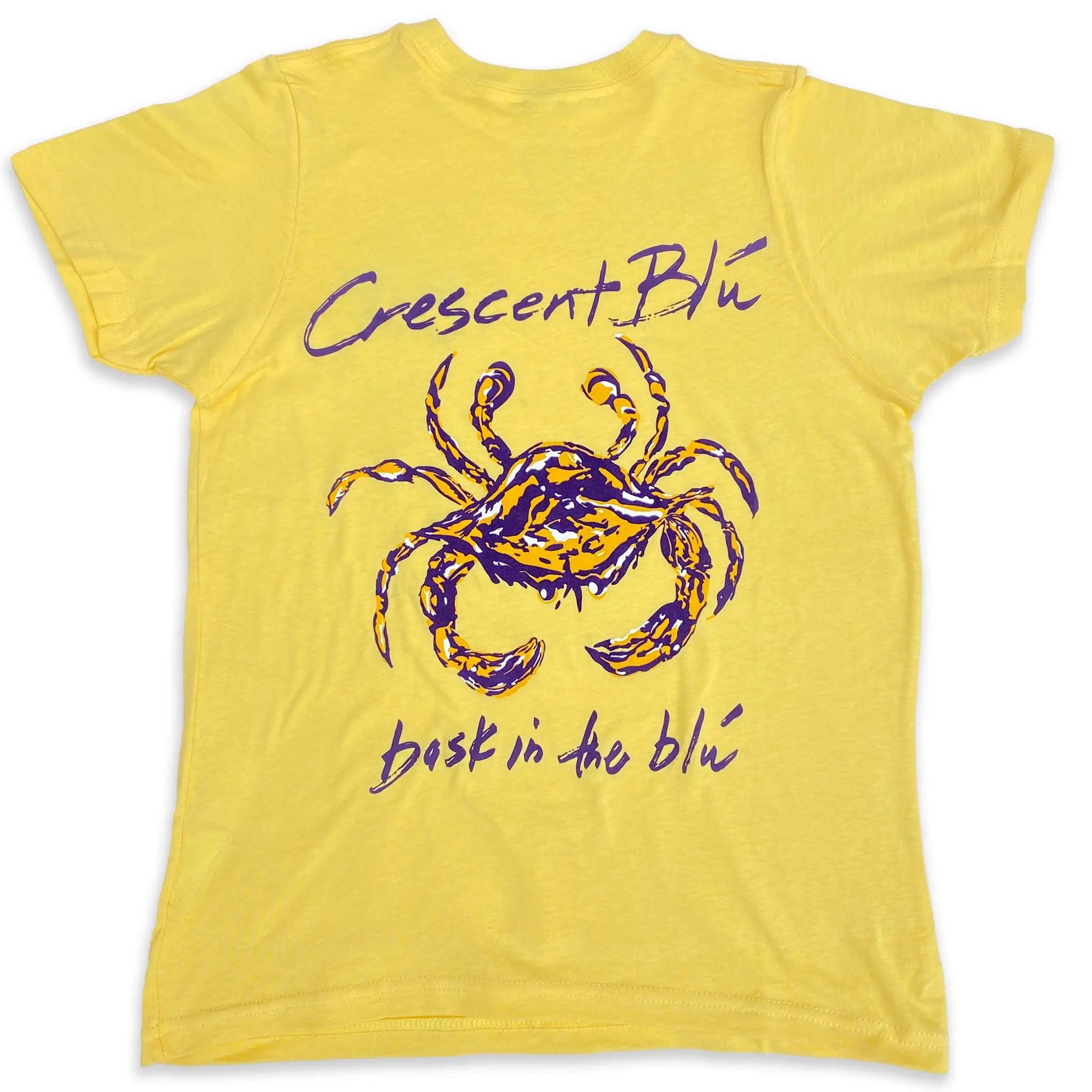 Back view of heather yellow gold short sleeve tee with large purple and gold crab collection logo