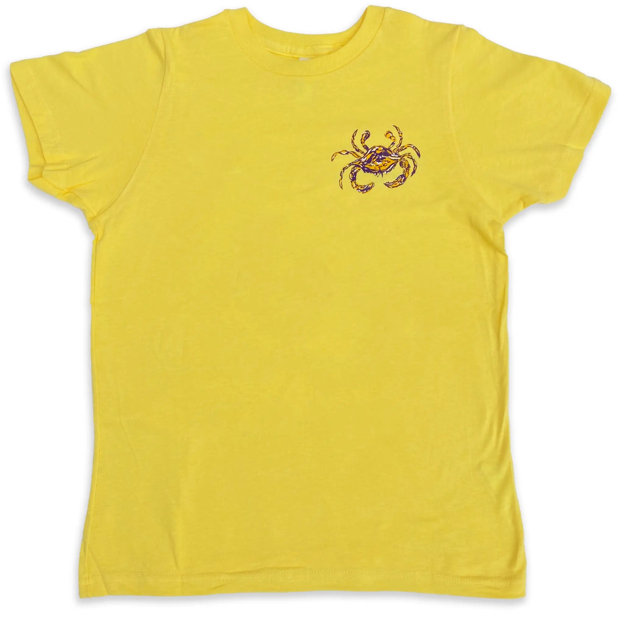 Small crescent blu purple and gold collection logo on front left chest of heather yellow gold short sleeve tee