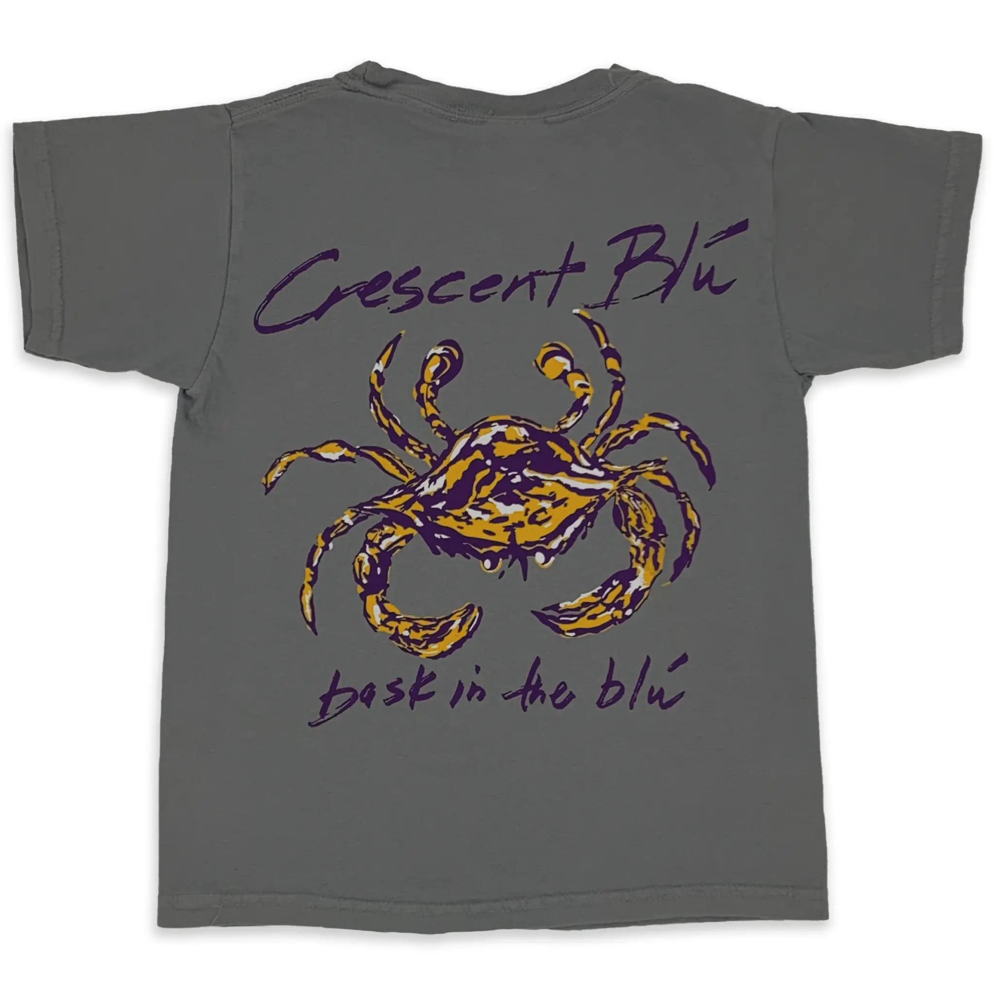 Purple and Gold large crab Crescent Blu logo on back of short sleeve shirt in granite
