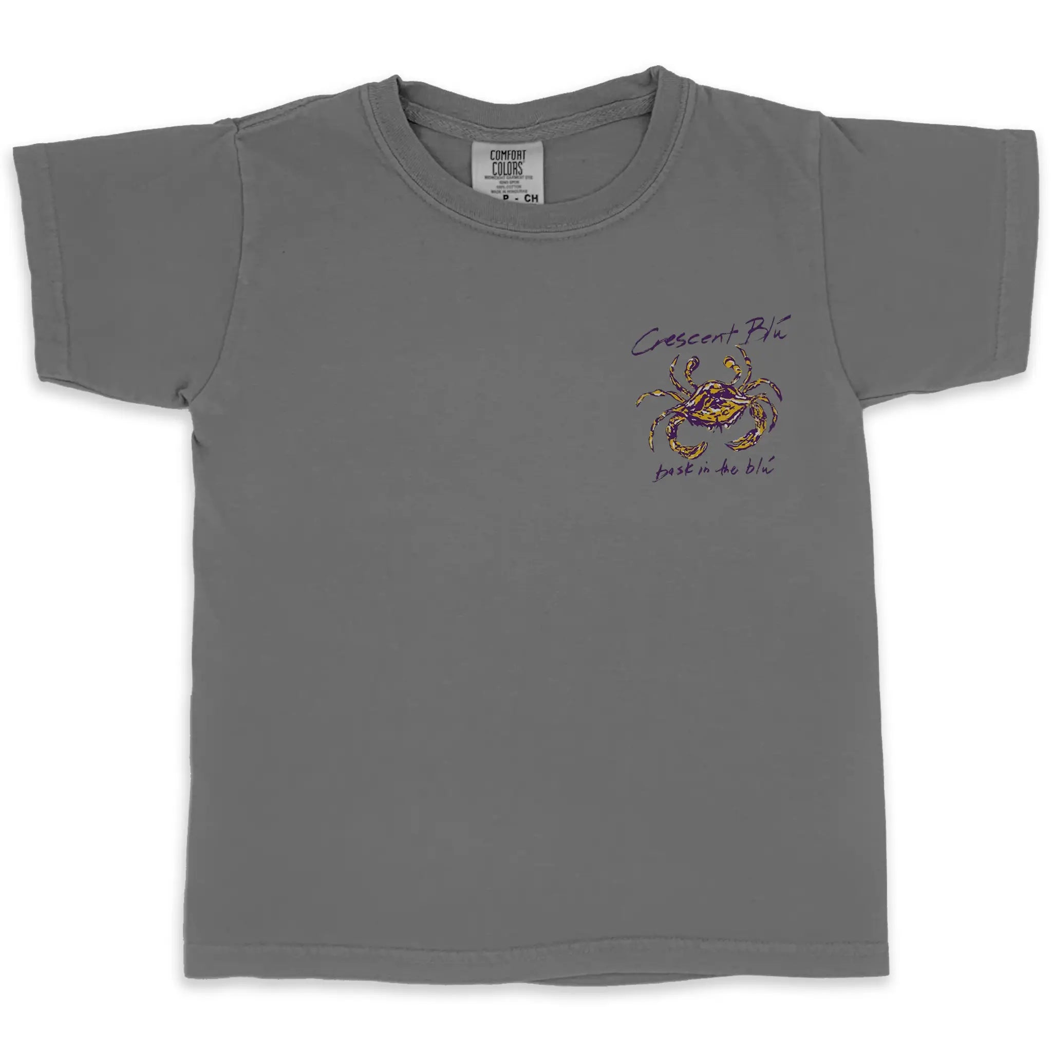 Front of short sleeve shirt, granite in color, with crescent blu purple and gold crab logo on front left chest