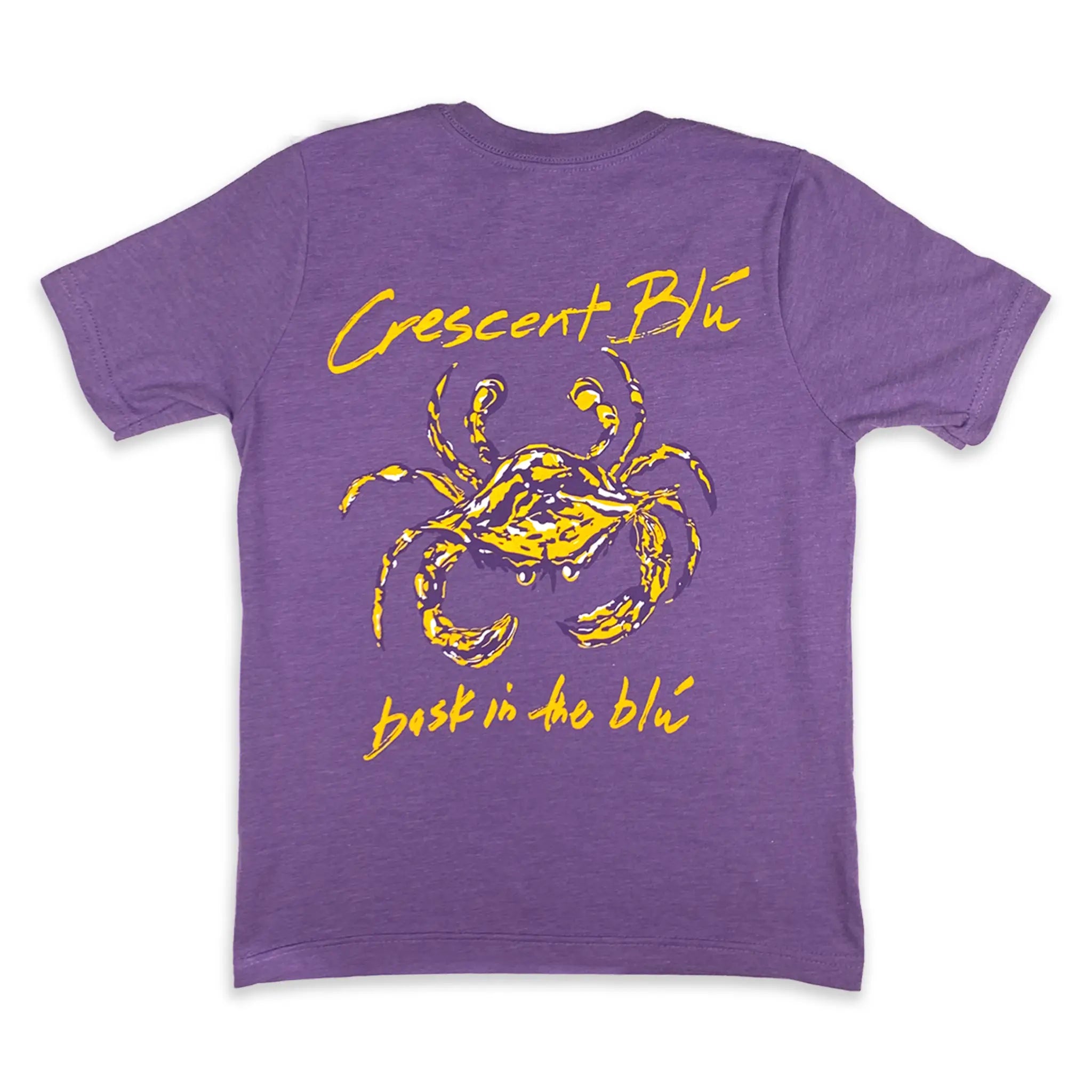 Purple Rush t-shirt short sleeves with large crab purple and gold logo on back view shown