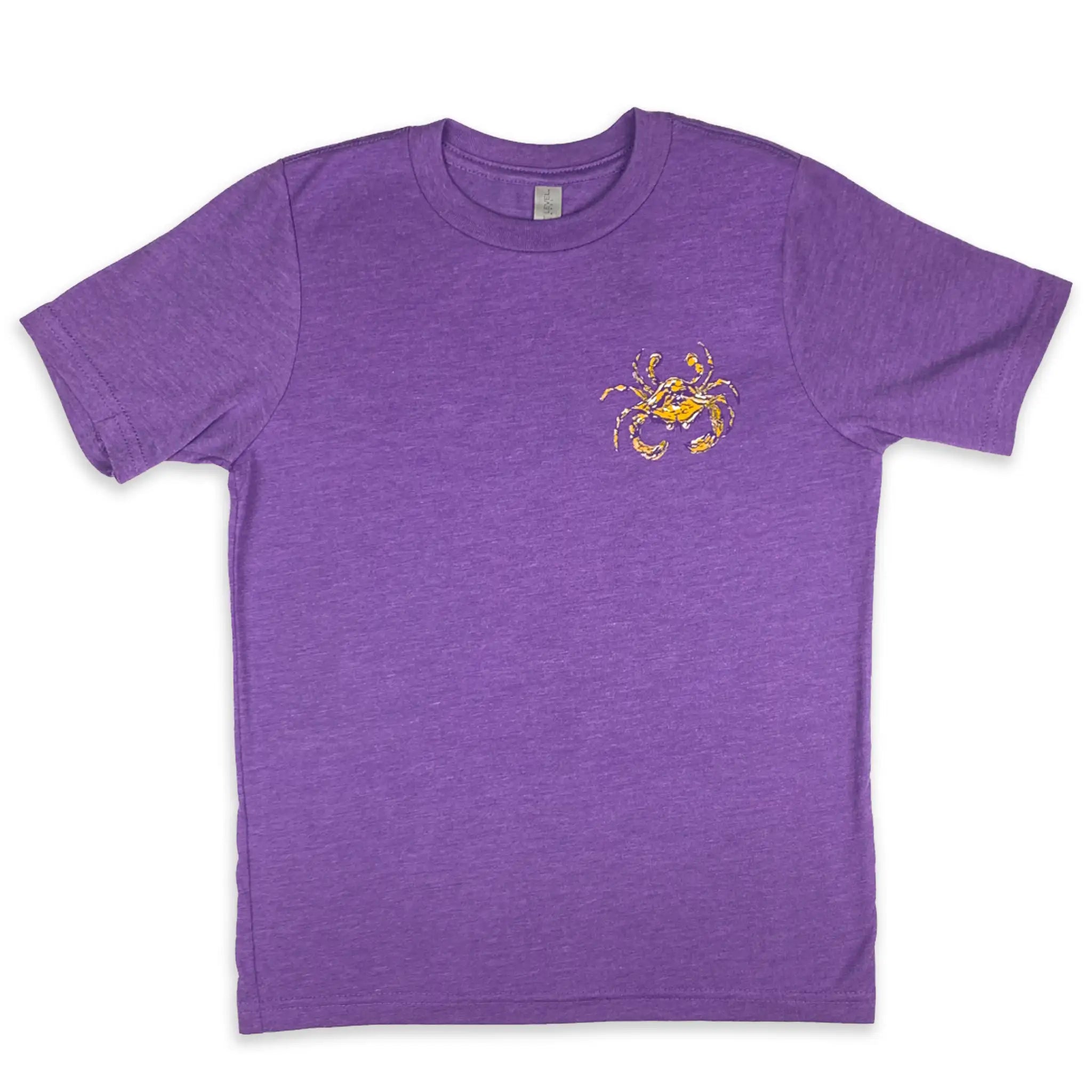 Front view Purple Rush short sleeve t-shirt with Crescent Blu purple and gold crab logo on front left chest