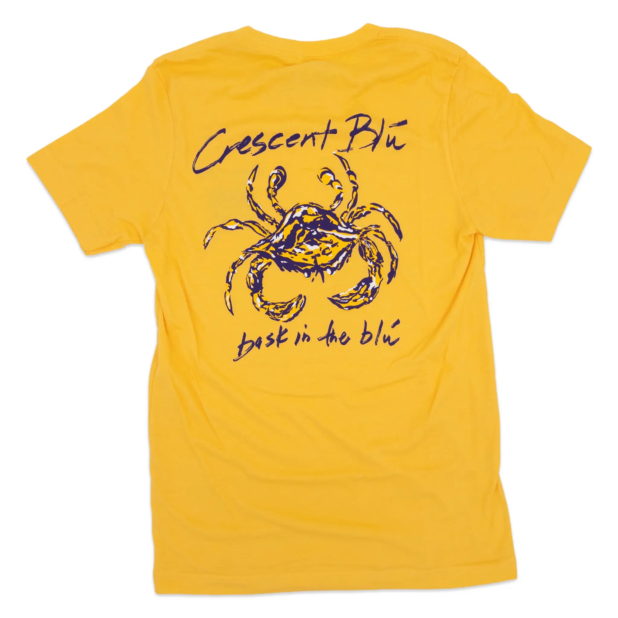 A yellow gold short-sleeve t-shirt with a purple and gold and white crab centered on the back
