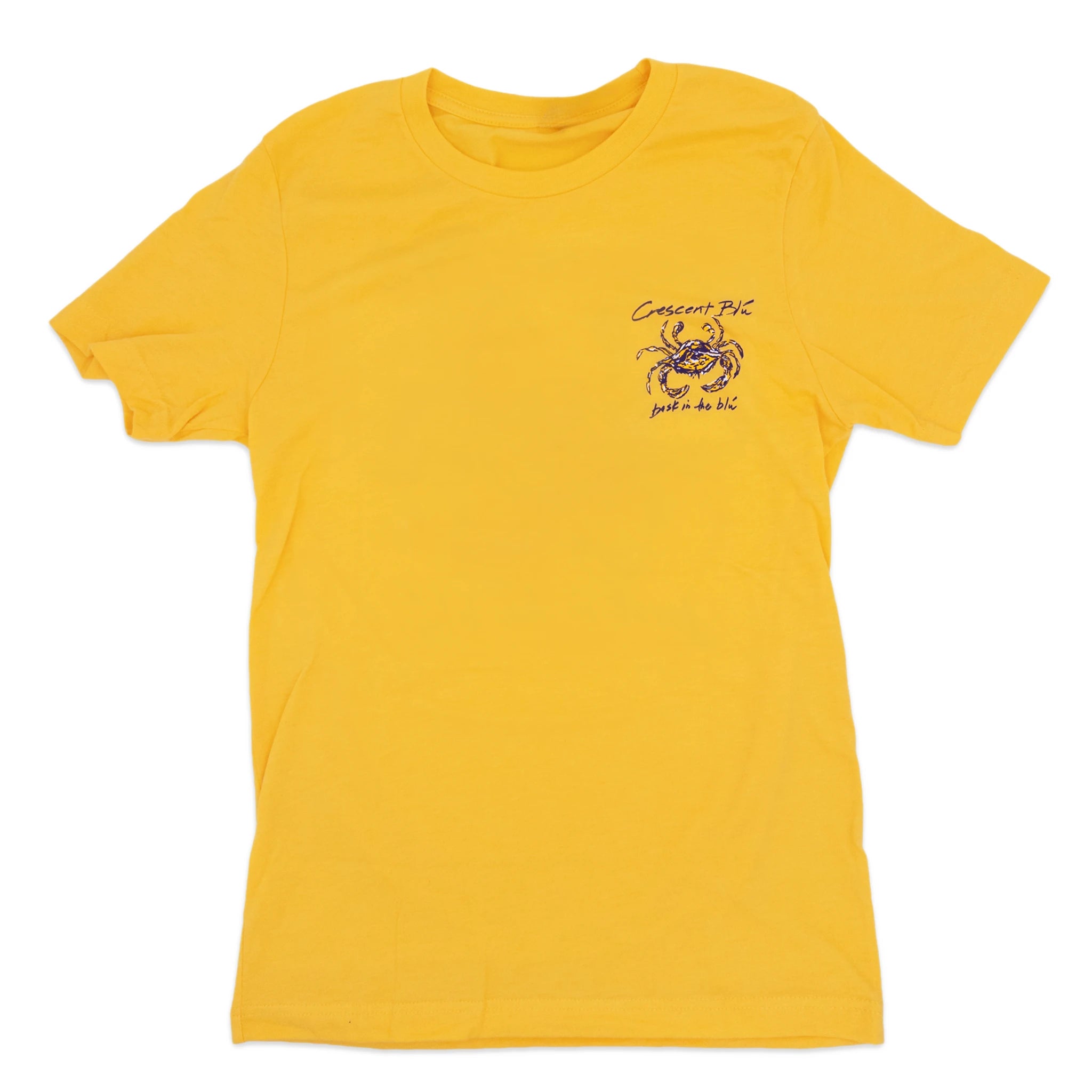 The front of a heather yellow-gold short-sleeve t-shirt with a small  purple and gold Crescent Blu logo on the left chest 