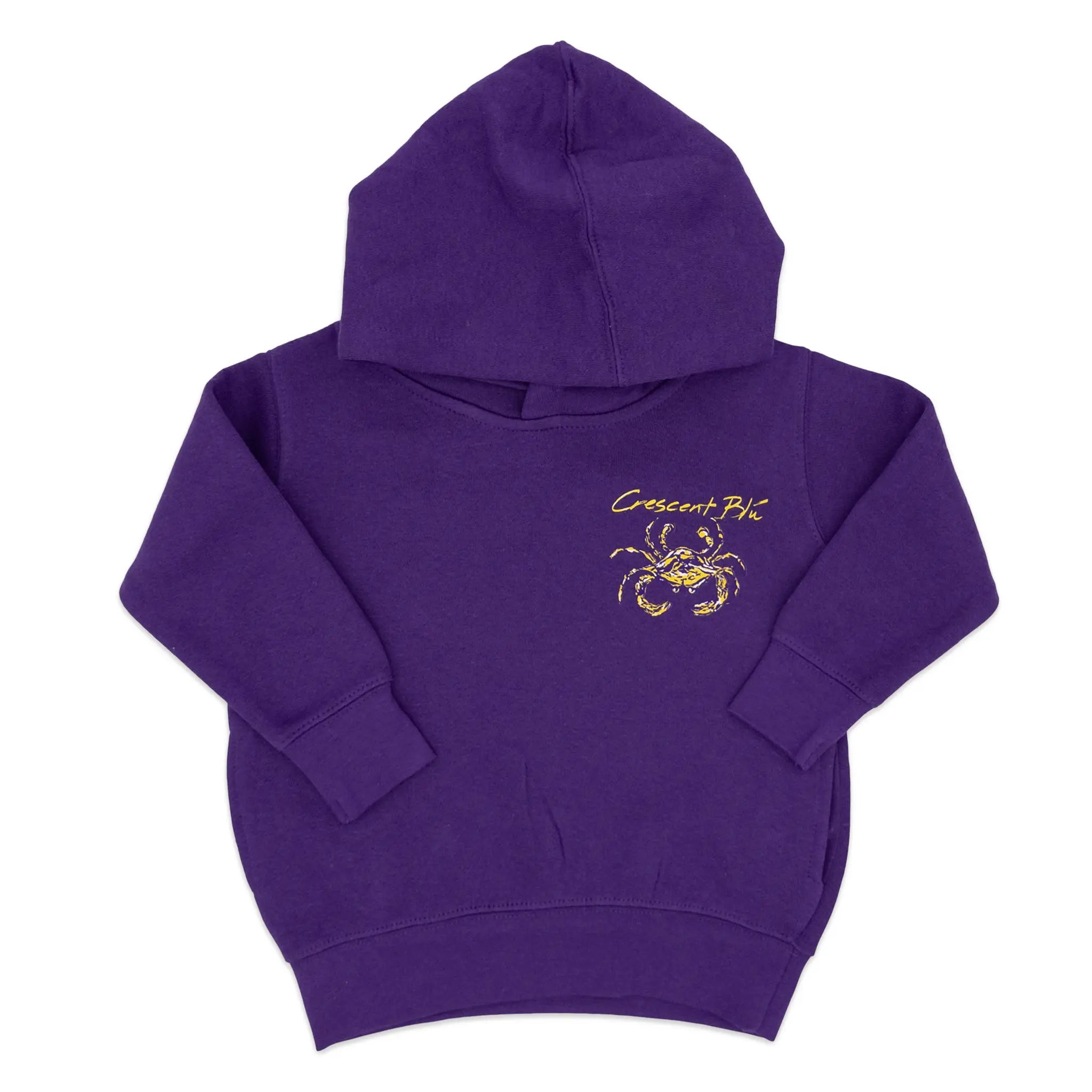 A purple hooded sweatshirt with a purple and gold crab on the front left chest. 