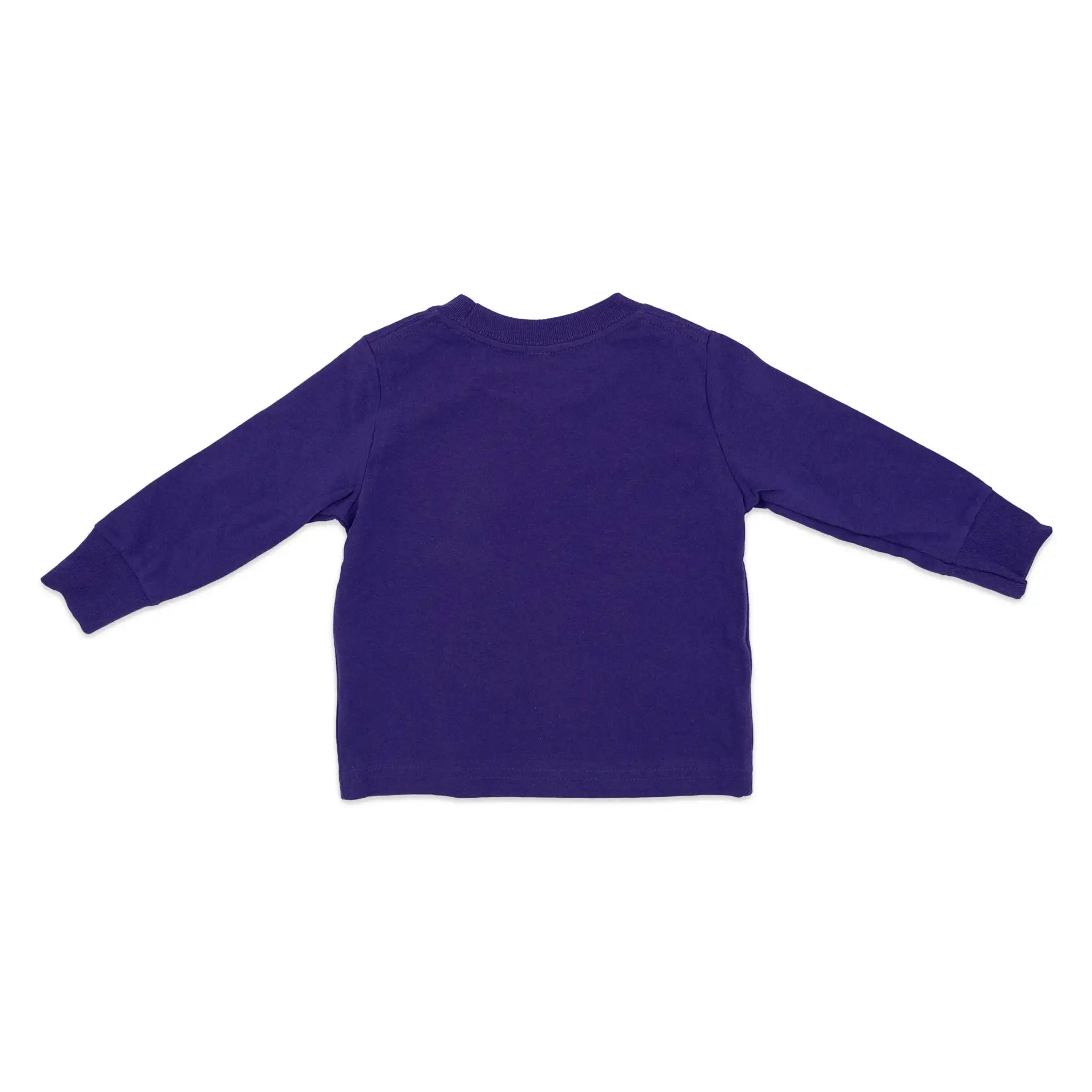 The back of a toddler long-sleeve t-shirt in a deep purple color