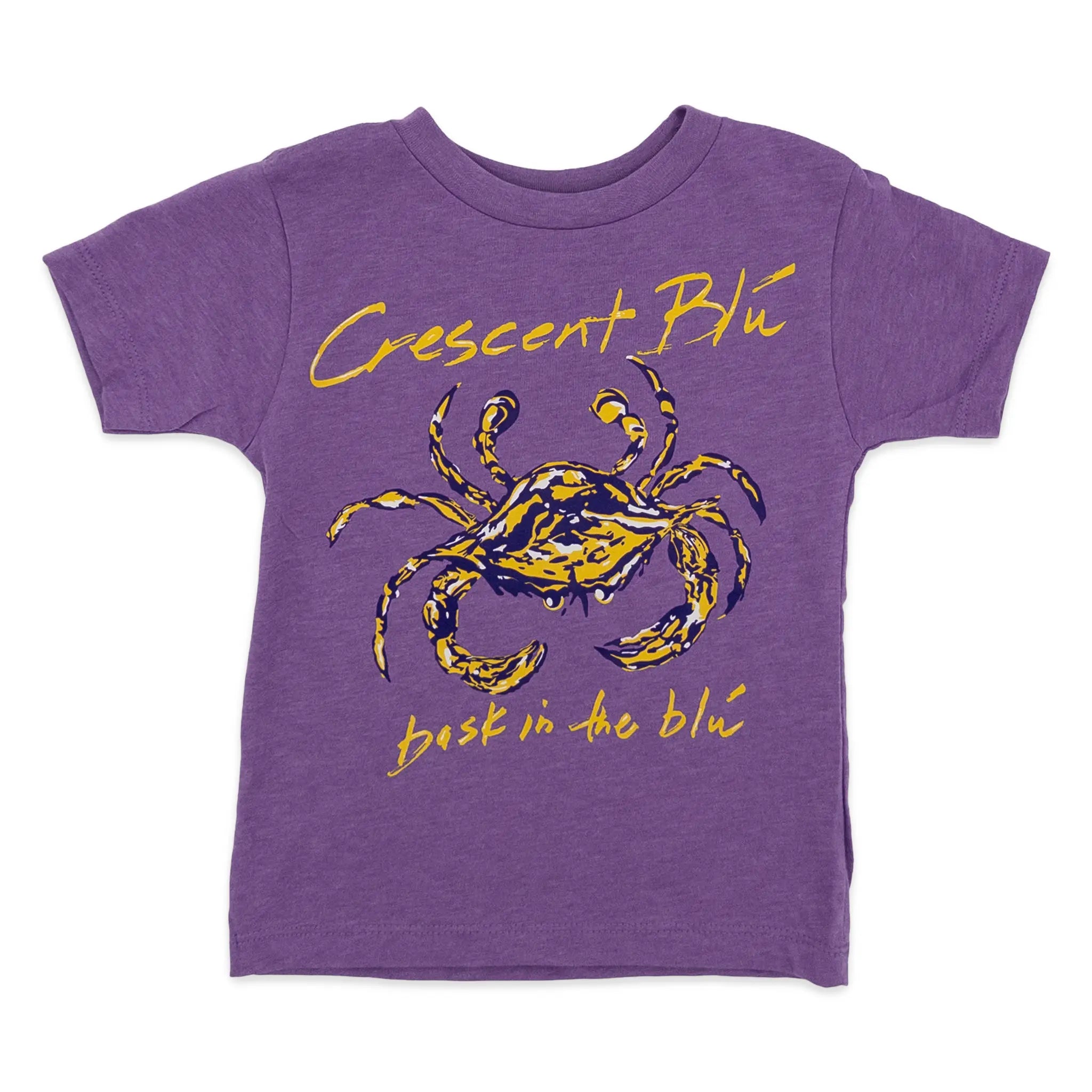 Purple t-shirt with yellow and purple crab graphic and text on a white background