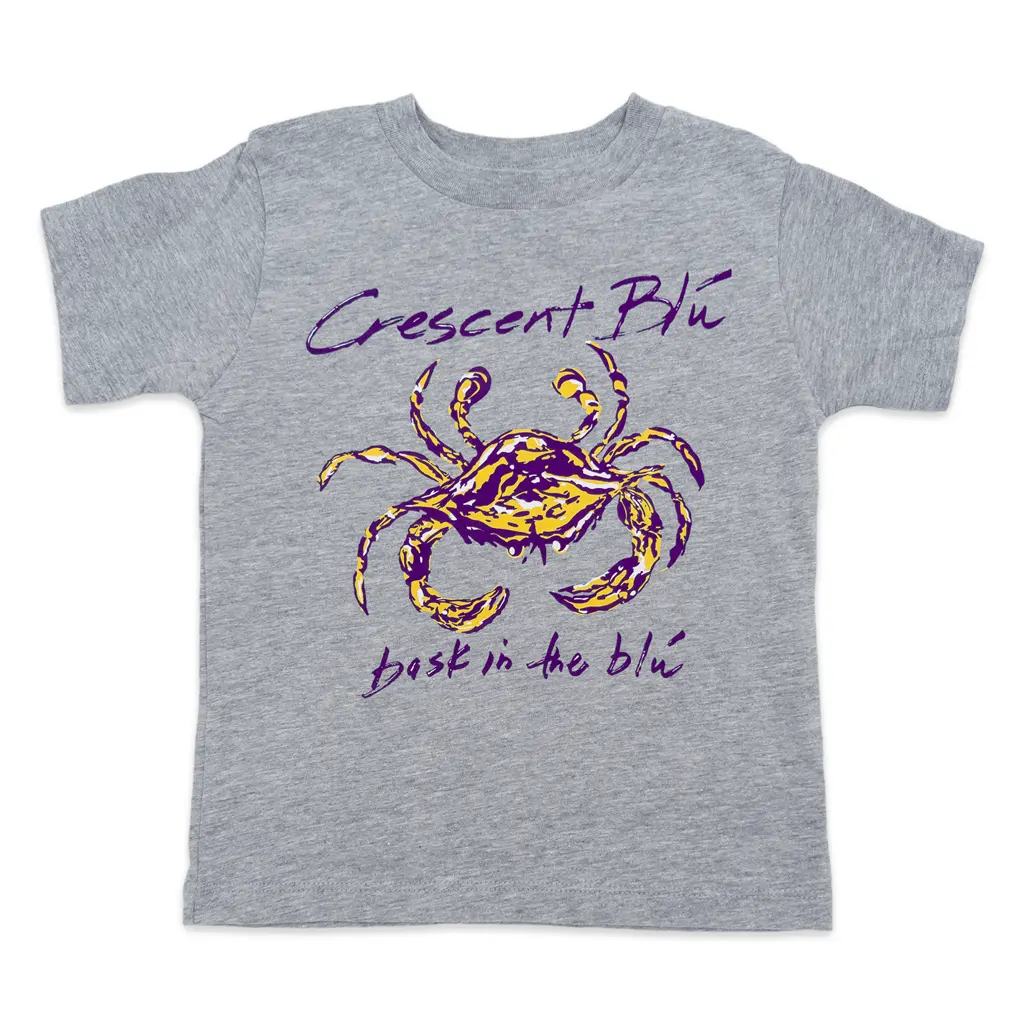 Heather gray toddler  t-shirt with a purple and gold crab graphic and Crescent Blu text on the front. 