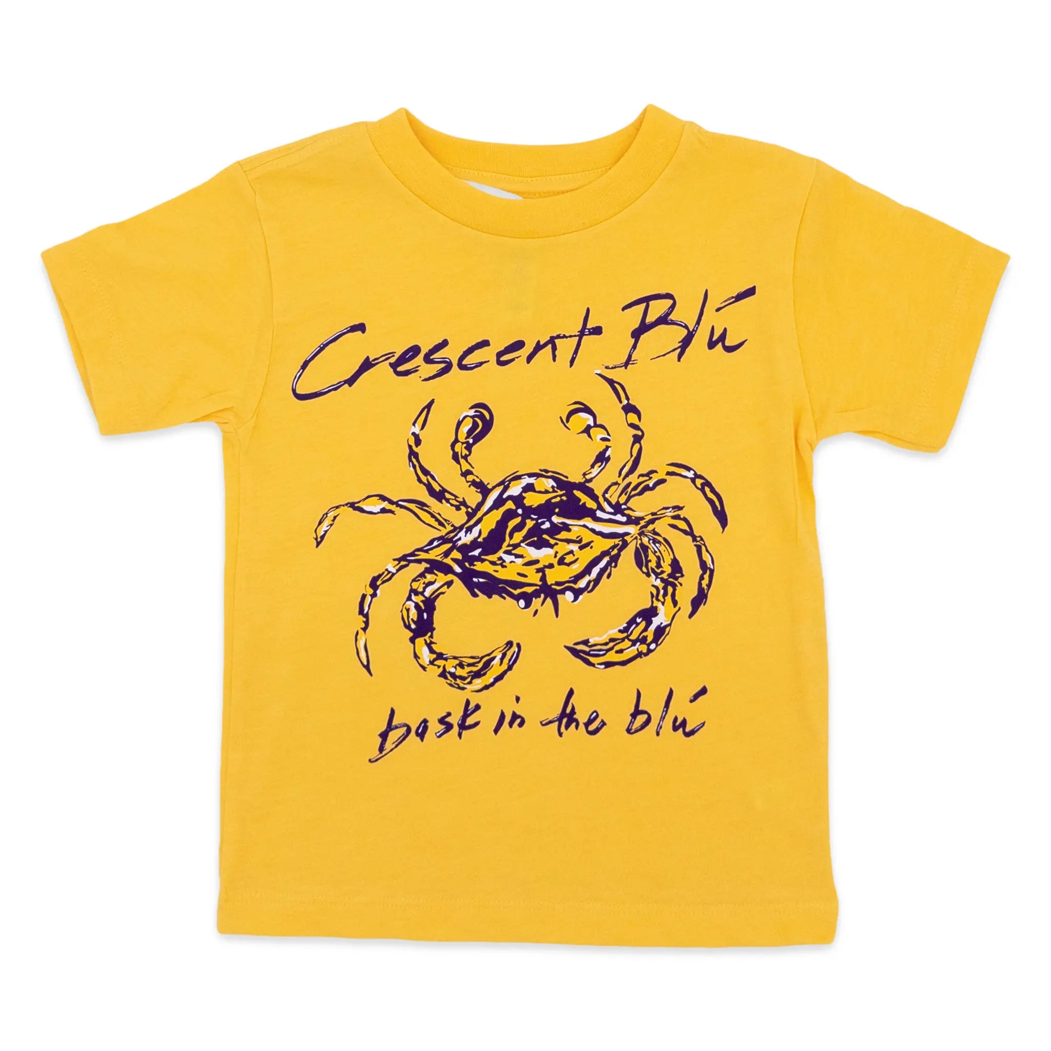 Yellow t-shirt with a purple crab design and text on a white background