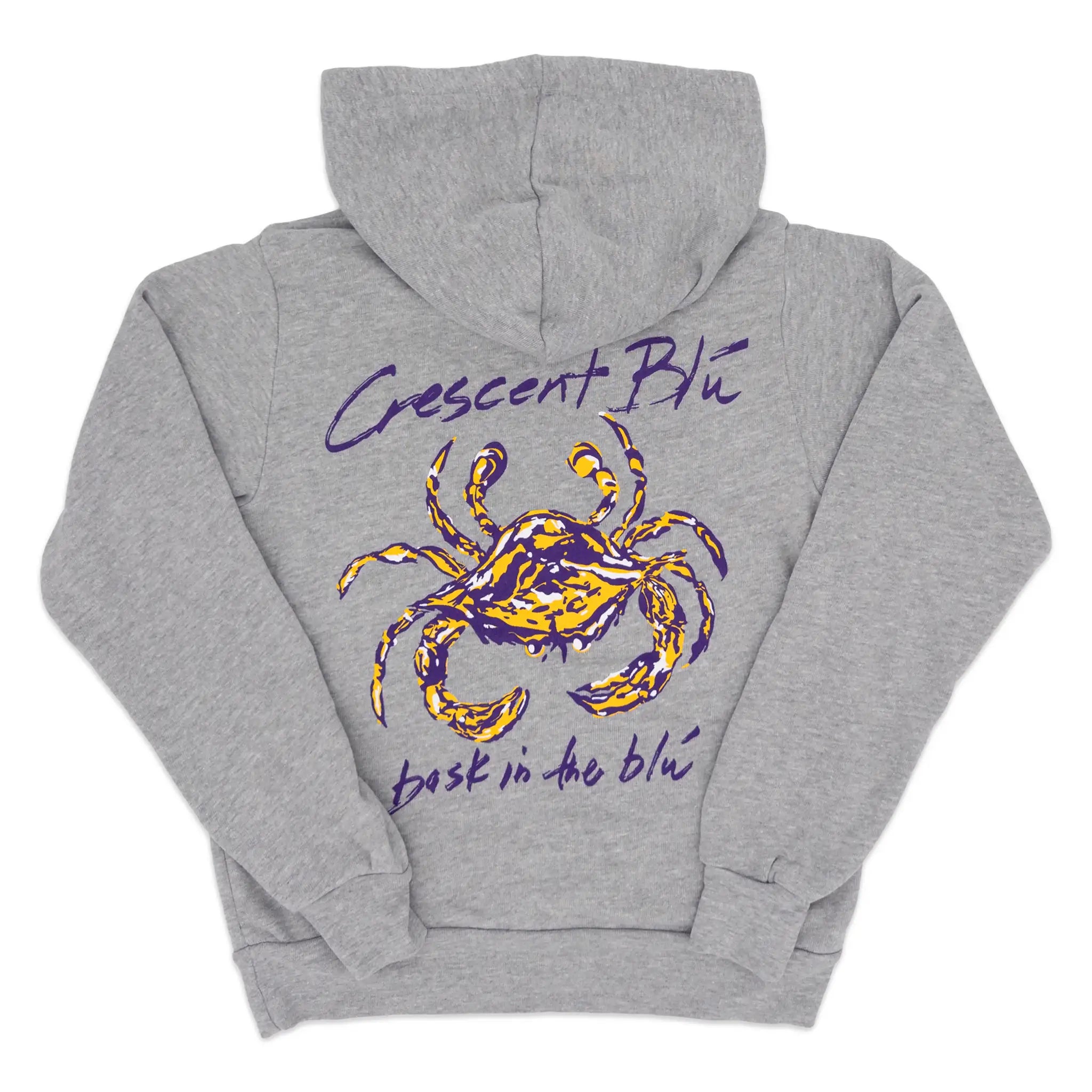 The back of a youth heather gray sweatshirt with a purple and gold Crescent Blu logo on the back