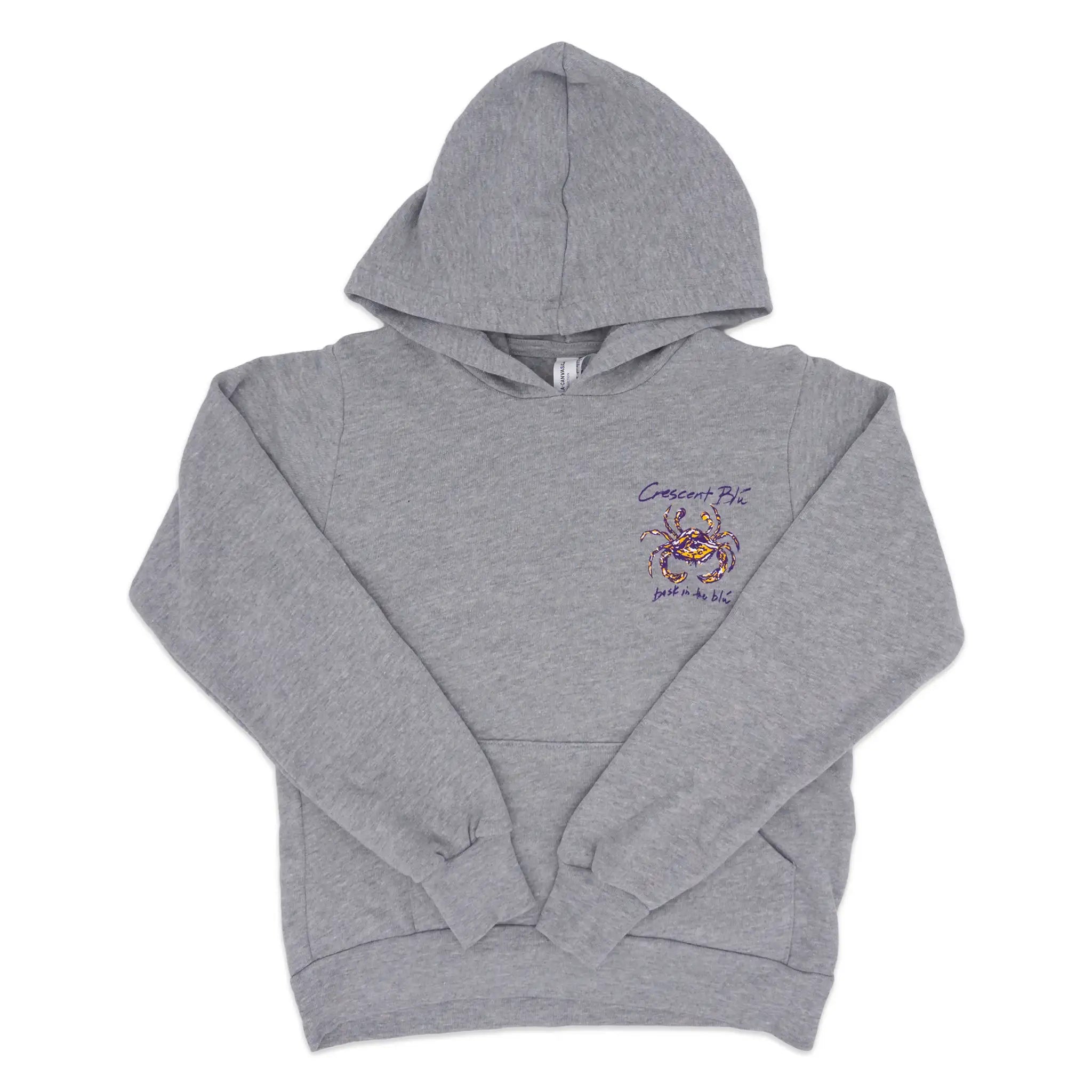 A youth heather gray hoodie with a purple and gold crab on the left chest and a pouch pocket centered near the bottom