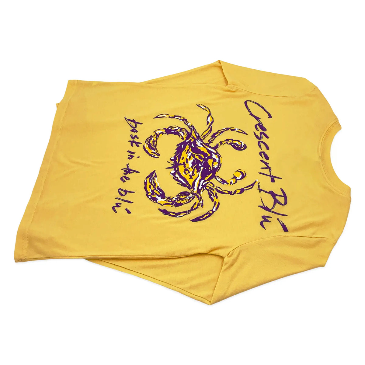 A youth sized yellow gold long sleeve t-shirt laying flat with and purple and gold Crescent Blu crab on the back 