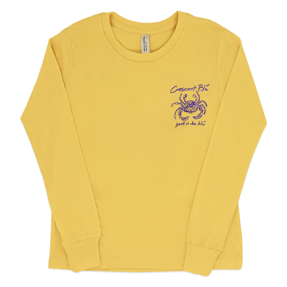A yellow gold long-sleeve crewneck t-shirt with a purple crab graphic on the front left chest