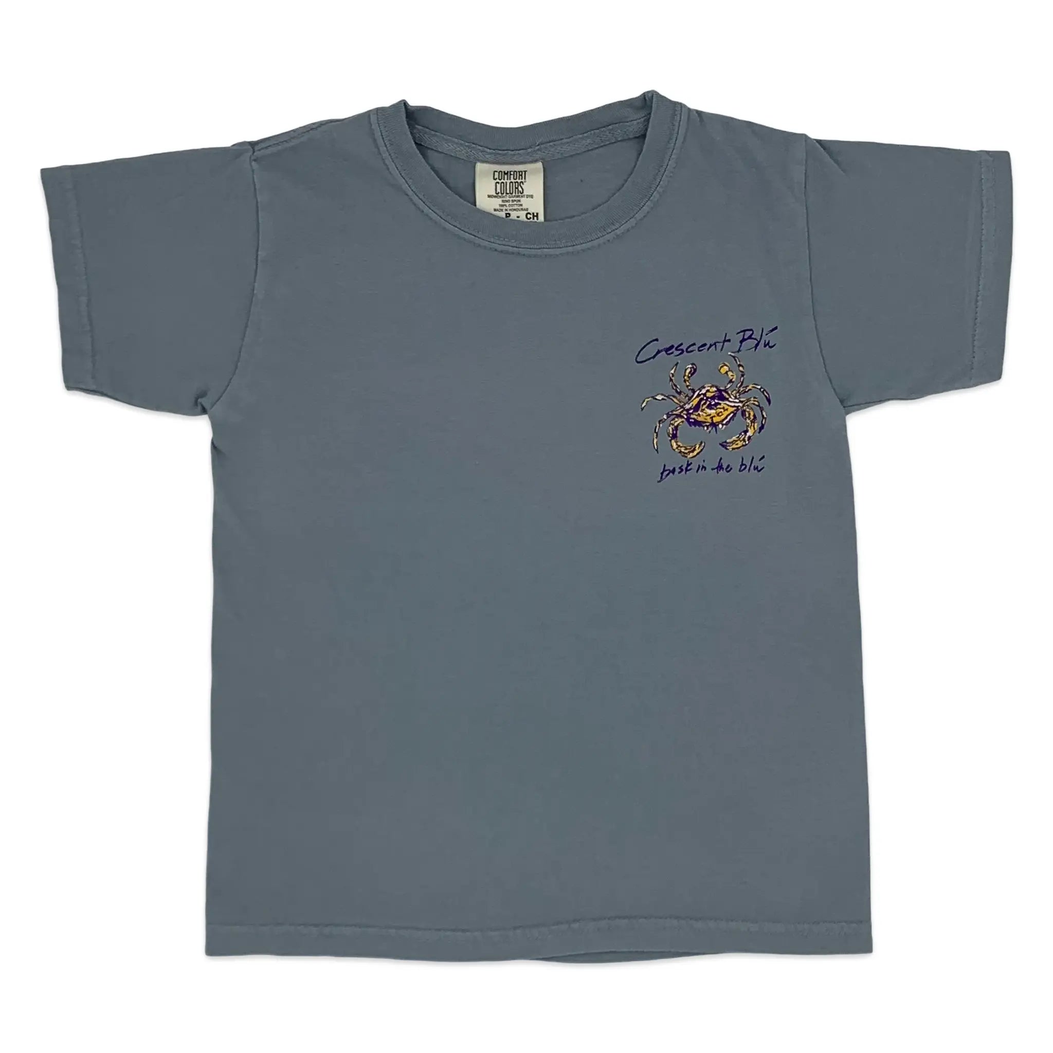 The front of a youth sized granite short sleeve tee with a purple and gold and white Crescent Blu crab logo on the front