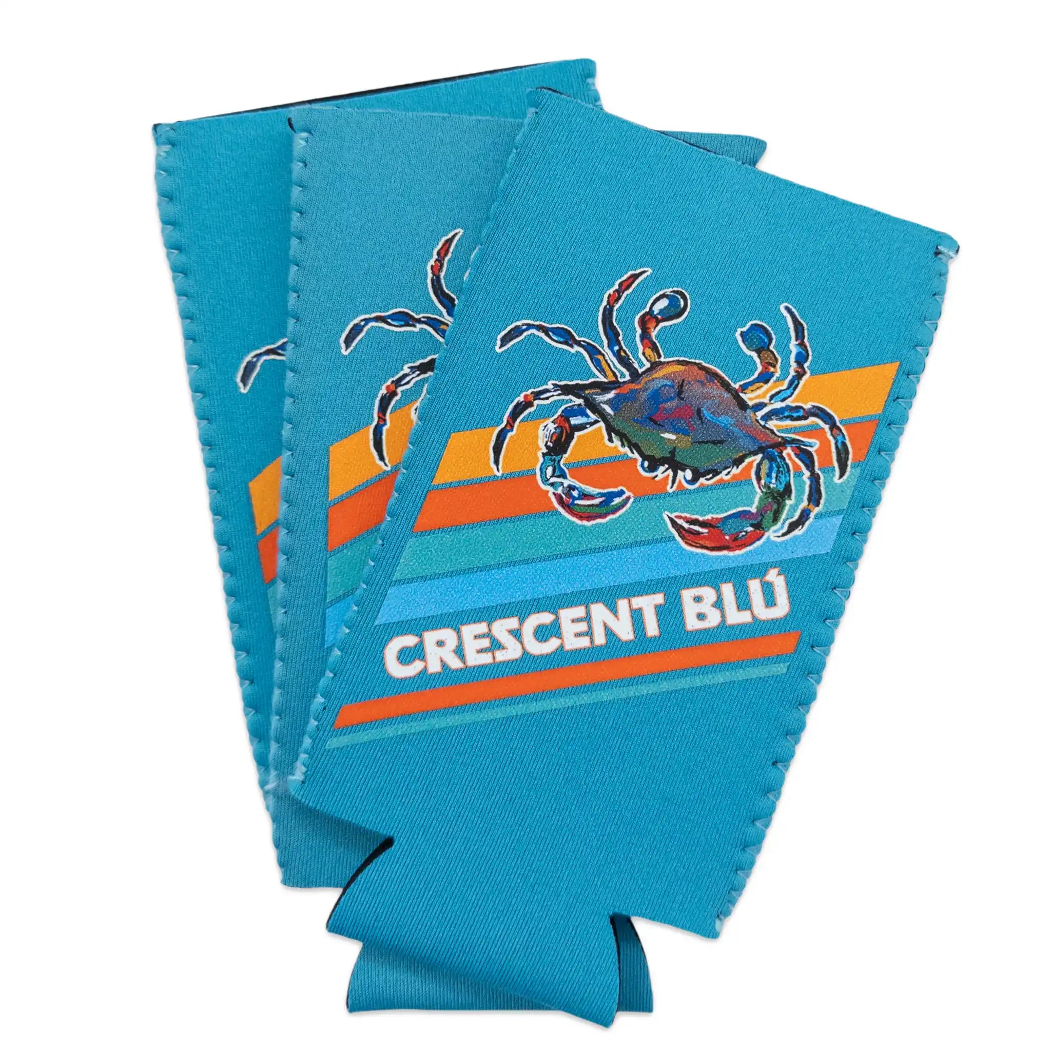 Three blue neoprene cooler sleeves with a blue crab design and 'Crescent Blu' text.