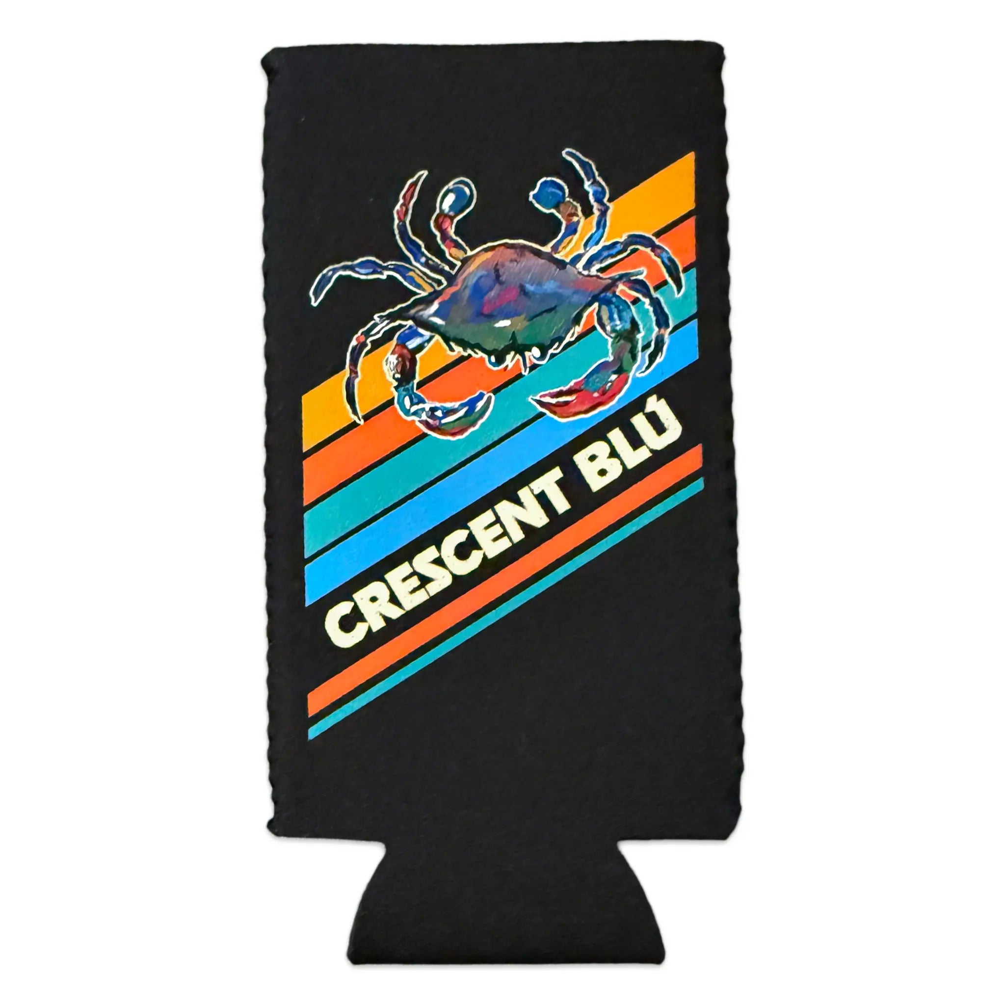 Black slim can cooler featuring a colorful blue crab and retro striped Crescent Blu design