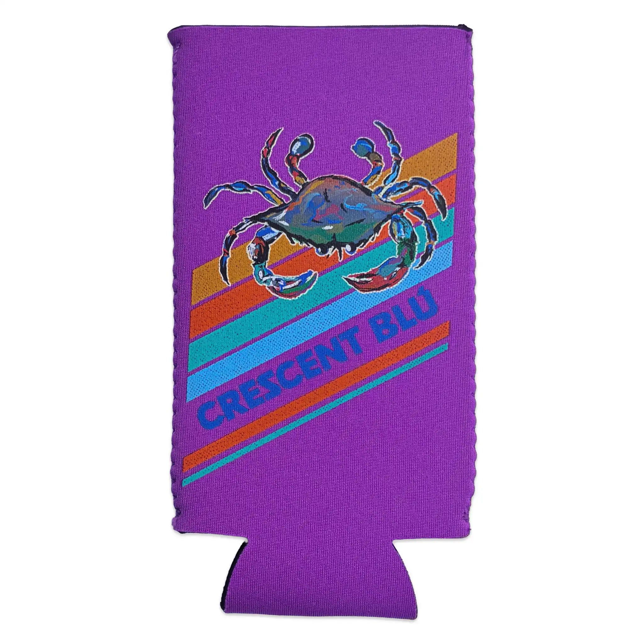 Neon purple can cooler with a colorful blue crab design and 'Crescent Blu' text on retro stripes