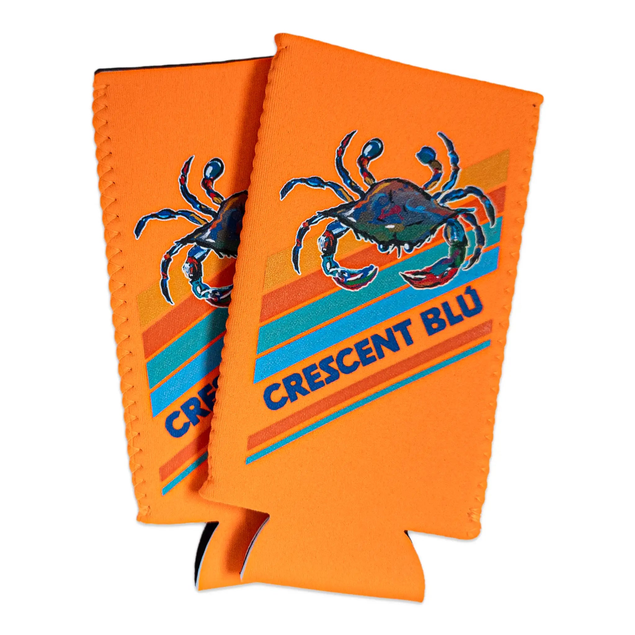 Two neon orange slim can coolers drink sleeves with retro strip blue crab design 