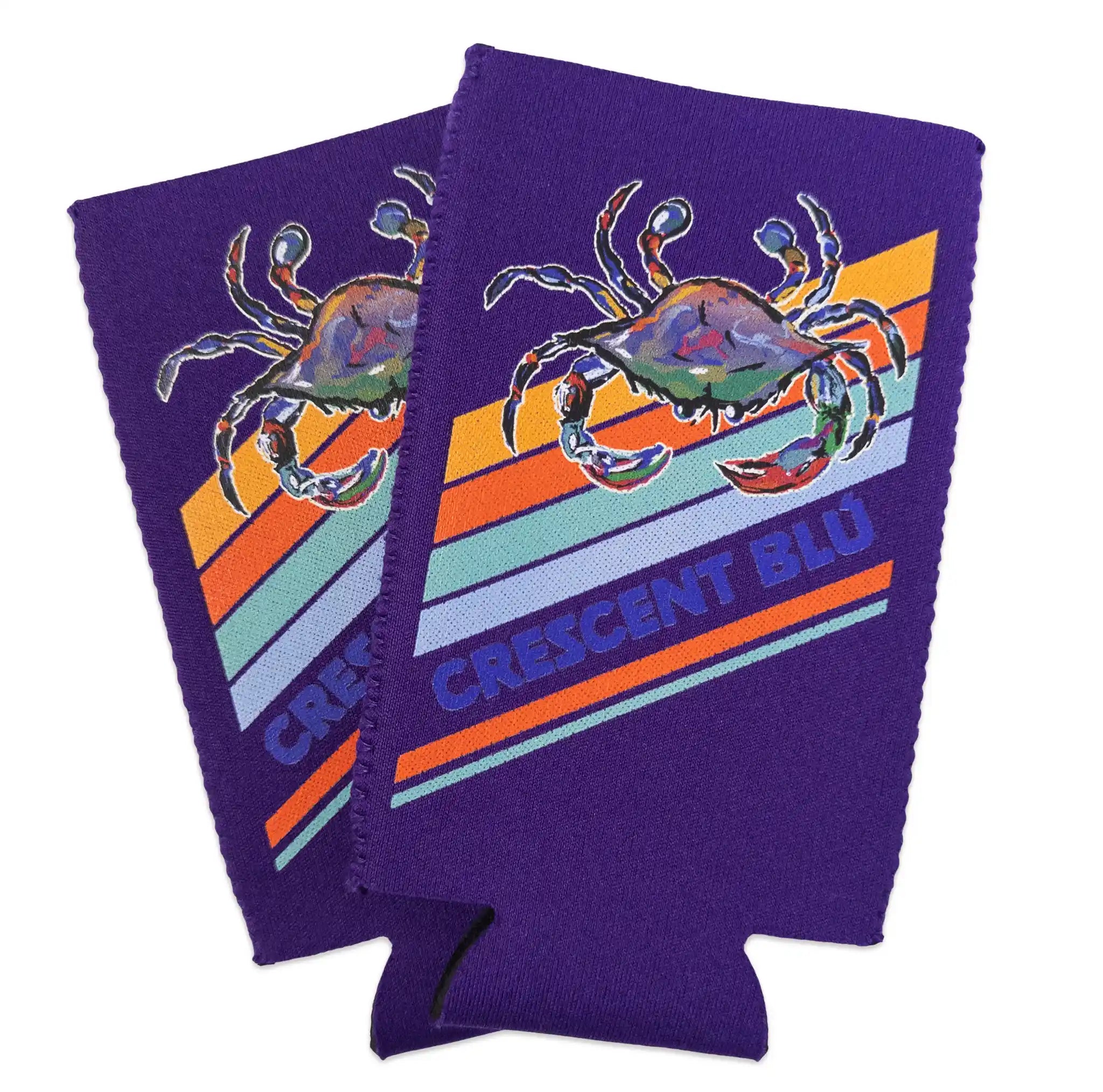 Two purple neoprene drink sleeve with blue crab artwork, retro stripes, and Crescent Blu logo.