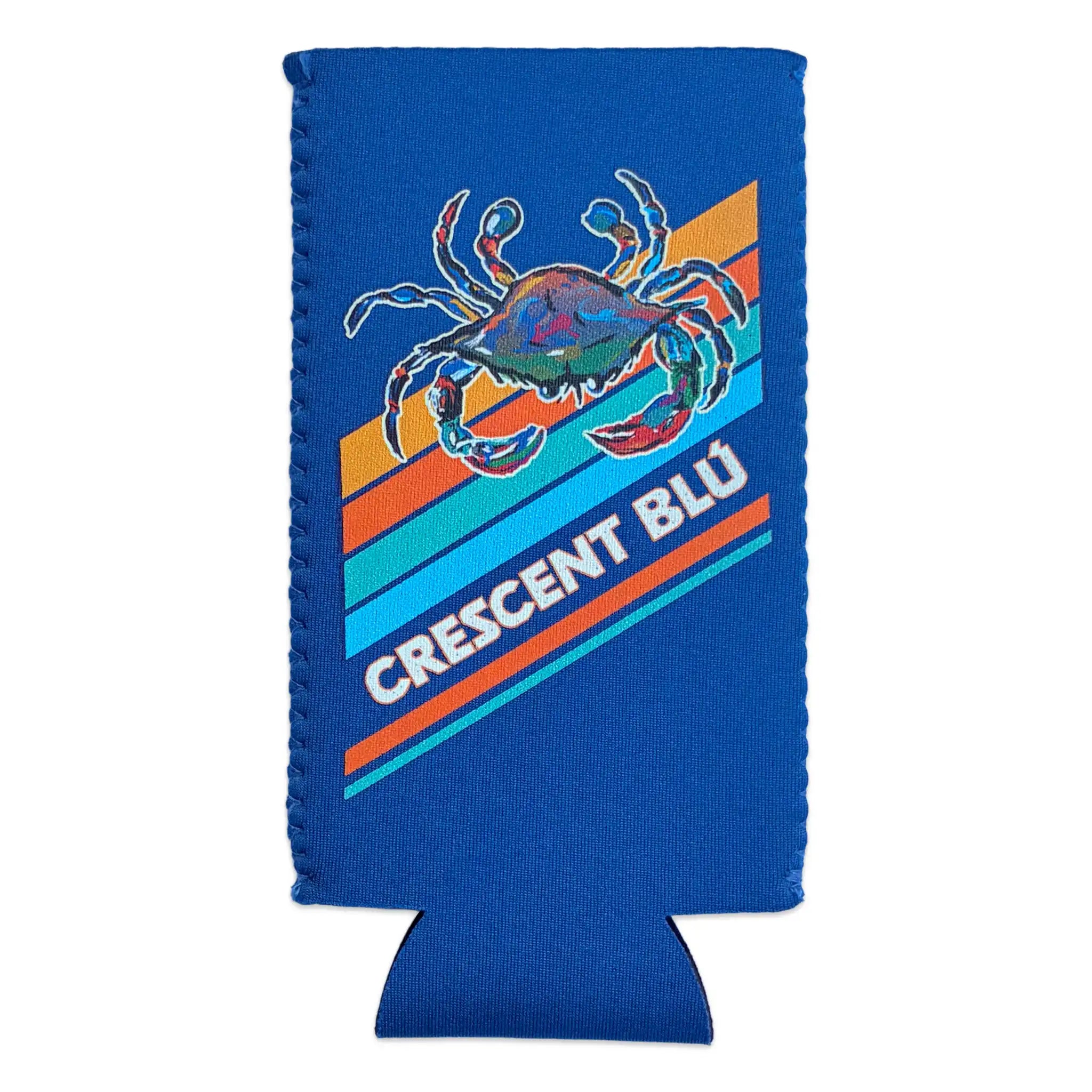 Blue Retro Stripe Signature Crab slim can cooler with Crescent Blu text and a colorful blue crab.