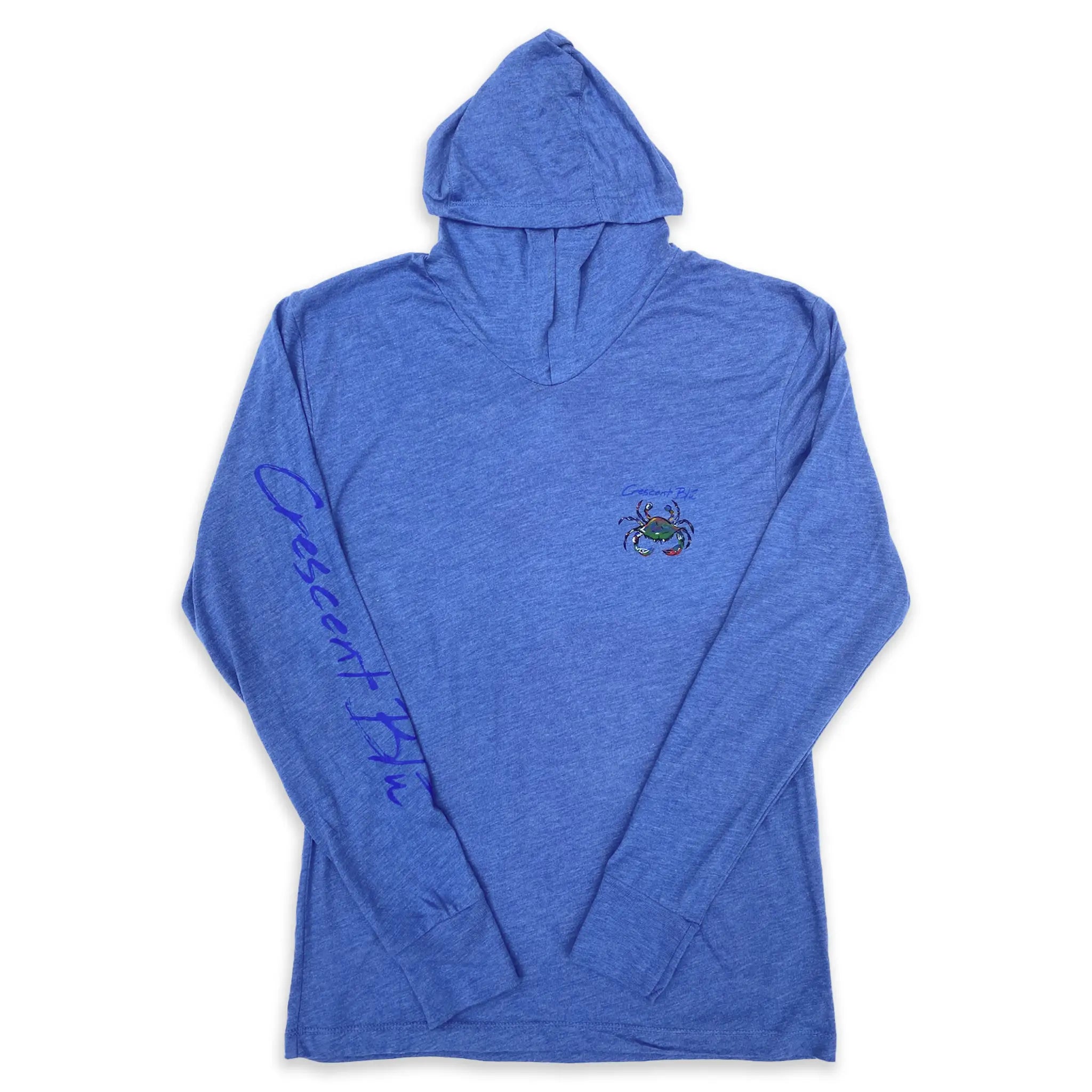 Front of a royal heather blue adult hoodie with a blue crab on the left chest and Crescent Blu written on the opposite sleeve.