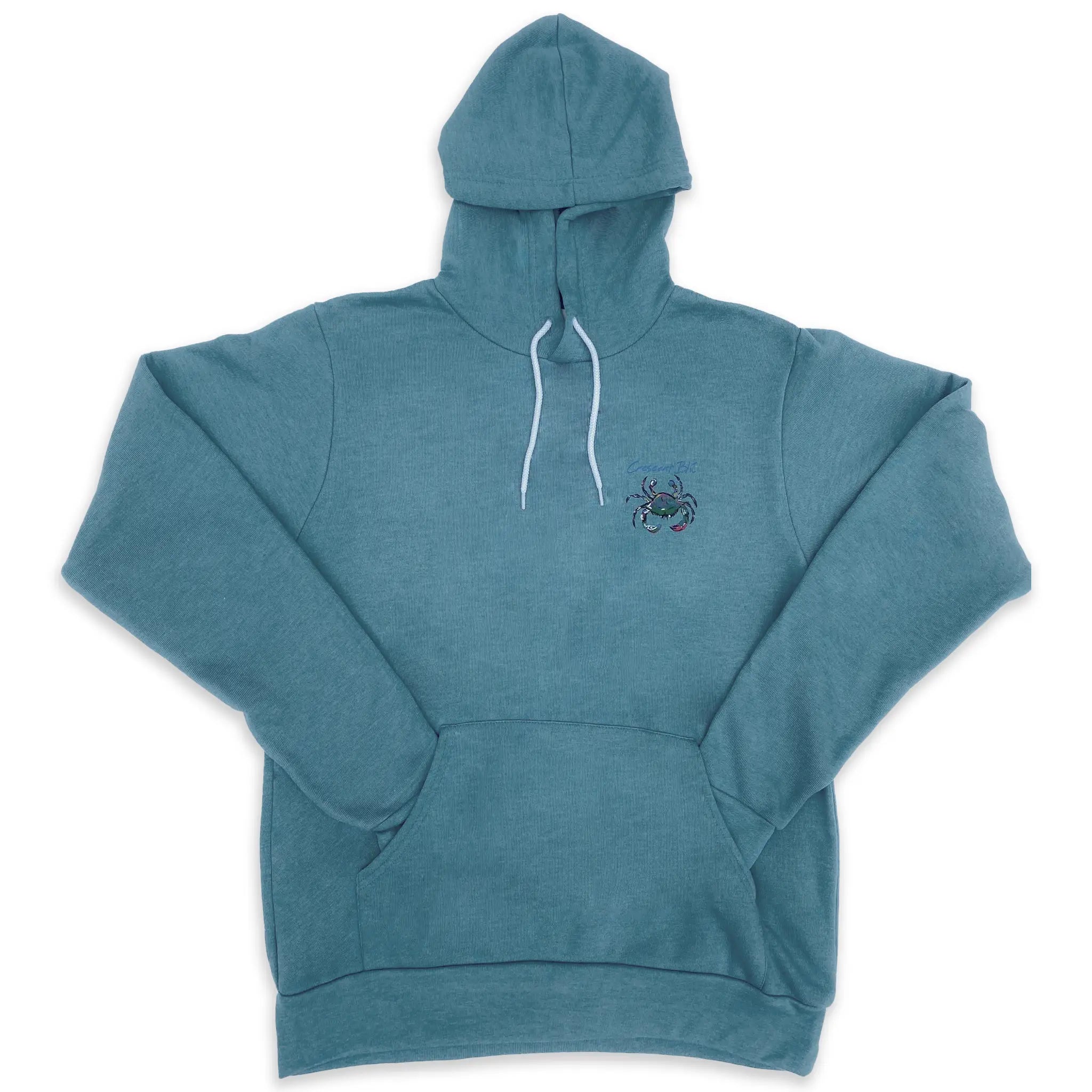 View of the front of a Deep Heather Teal Adult Hoodie Sweatshirt with small multi-colored crab logo on the upper left chest. 