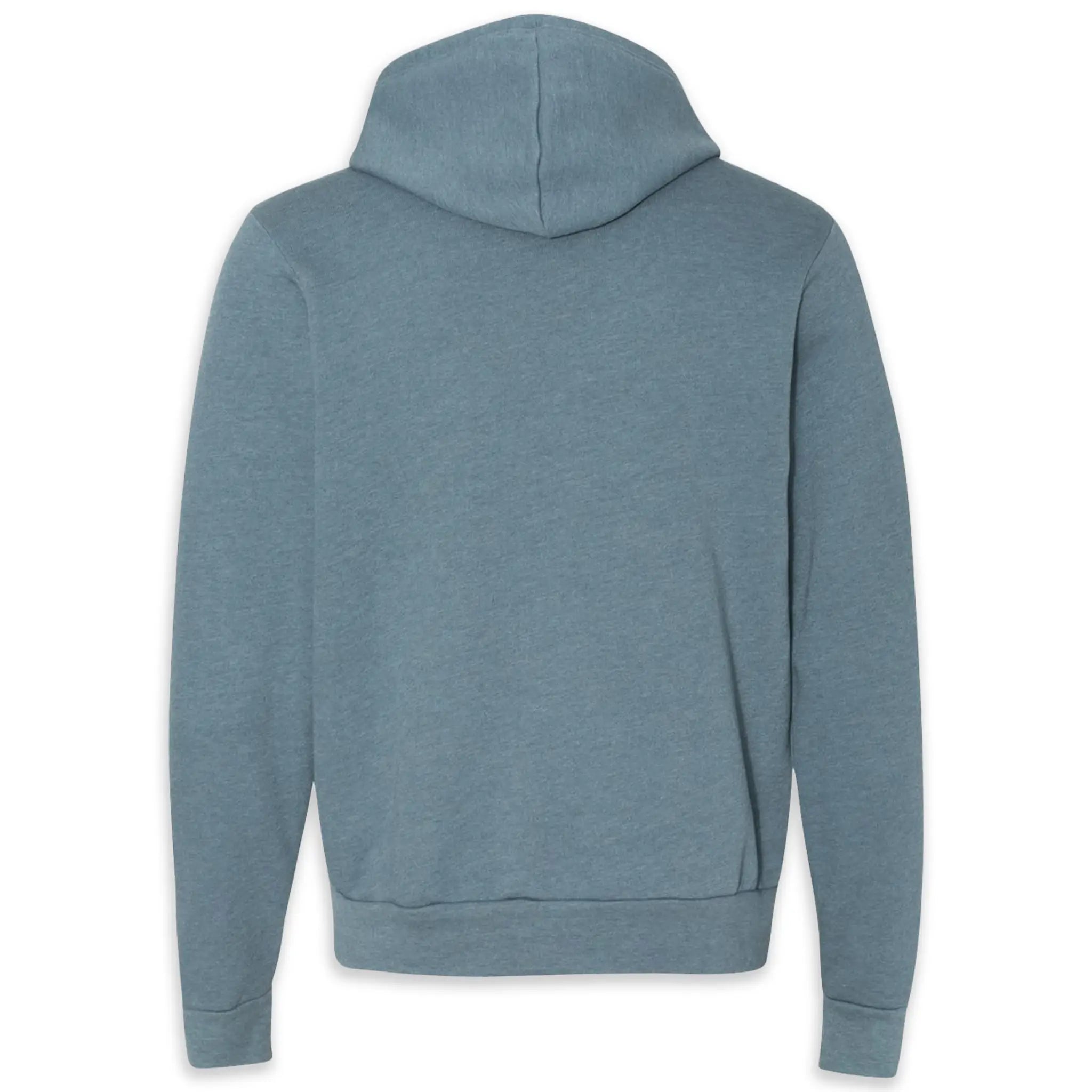 Back view of heather slate long sleeve sweatshirt hoodie