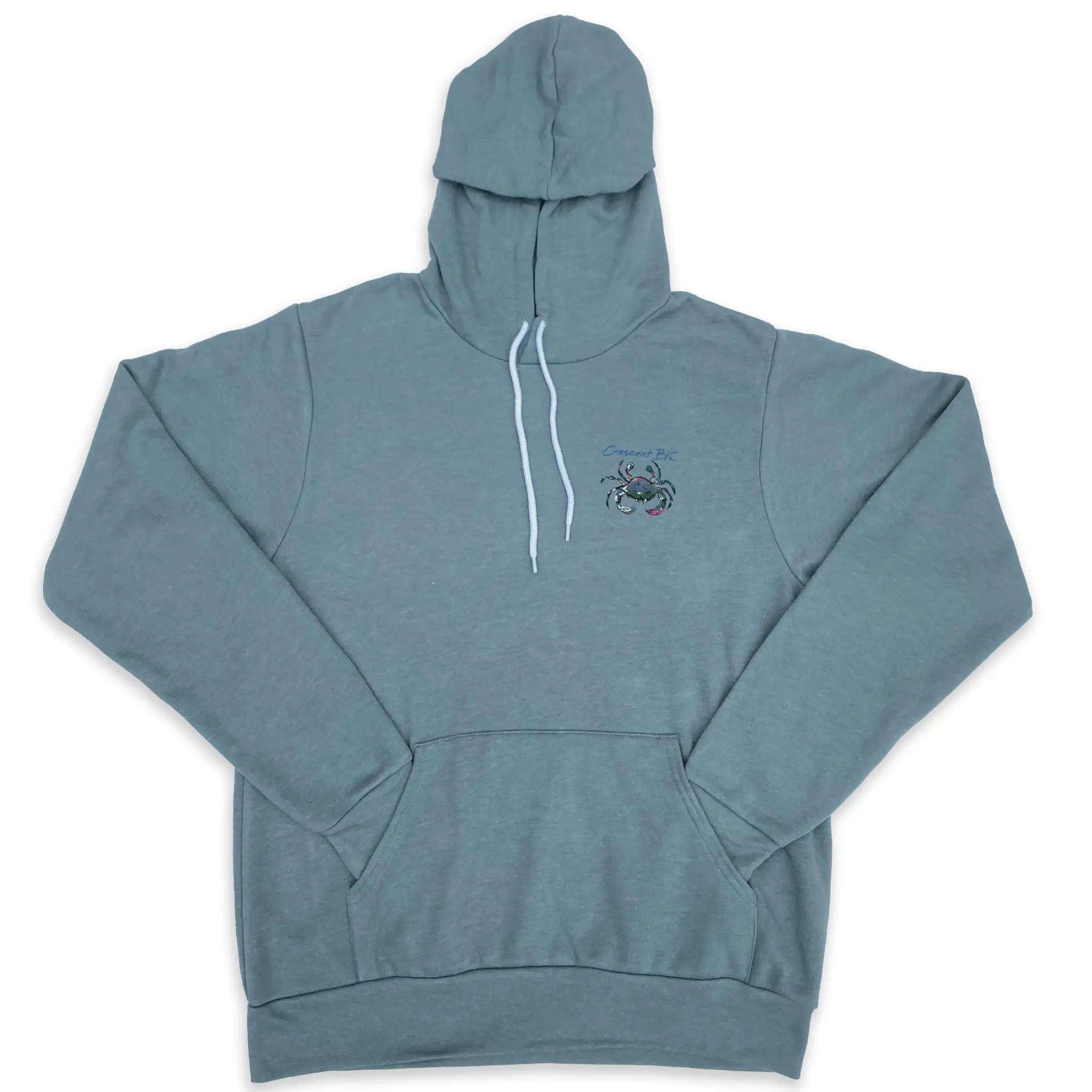 Front of adult long sleeve sweatshirt hoodie in Heather Slate color and small Crescent Blue Signature crab logo on the left upper chest