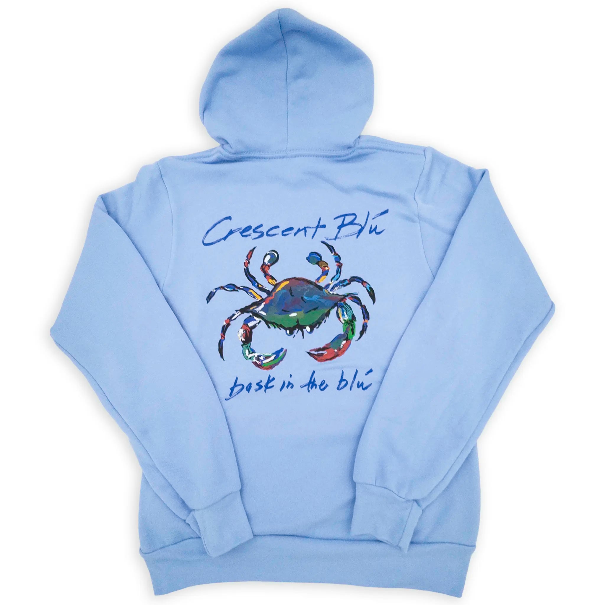Crescent Blú Signature Crab adult hoodie sweatshirt in Carolina Blue with large screen printed crab and Bask in the Blu text on back
