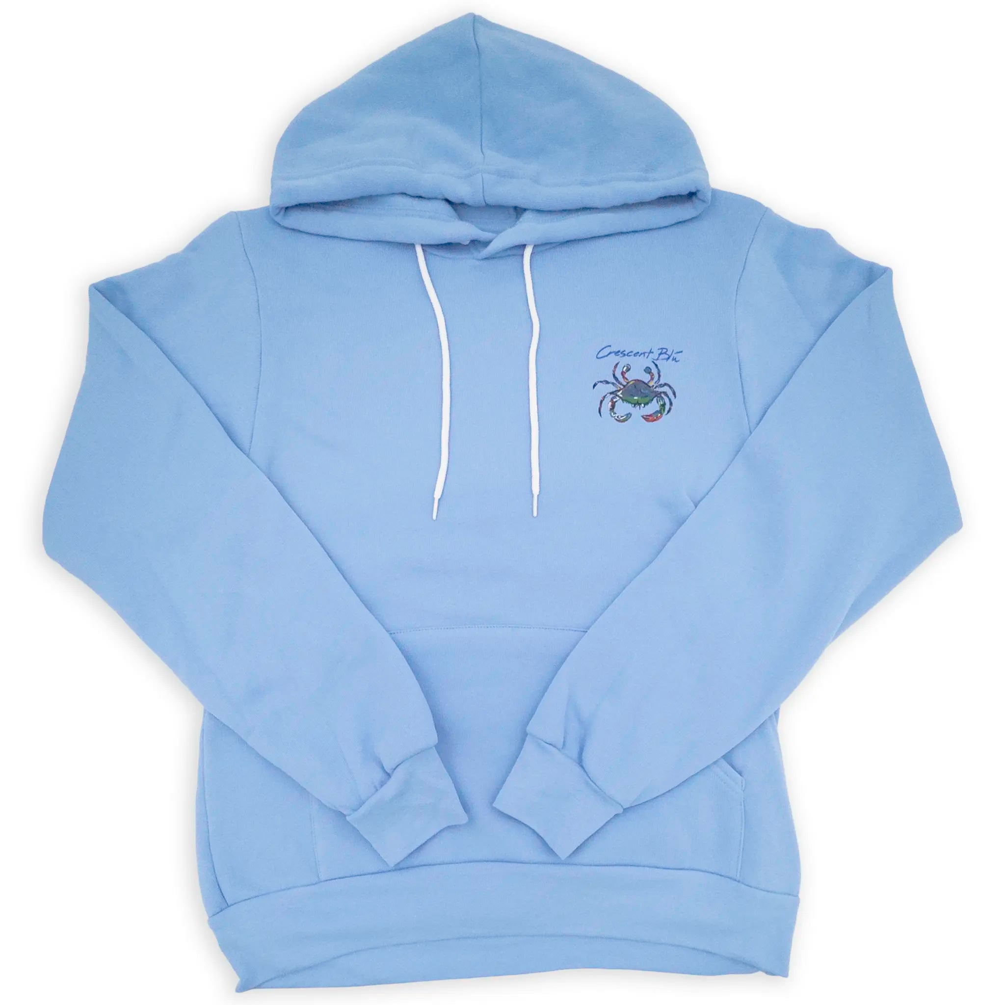 Crescent Blú Signature Crab adult hoodie sweatshirt in Carolina Blue with screen printed crab logo on left chest