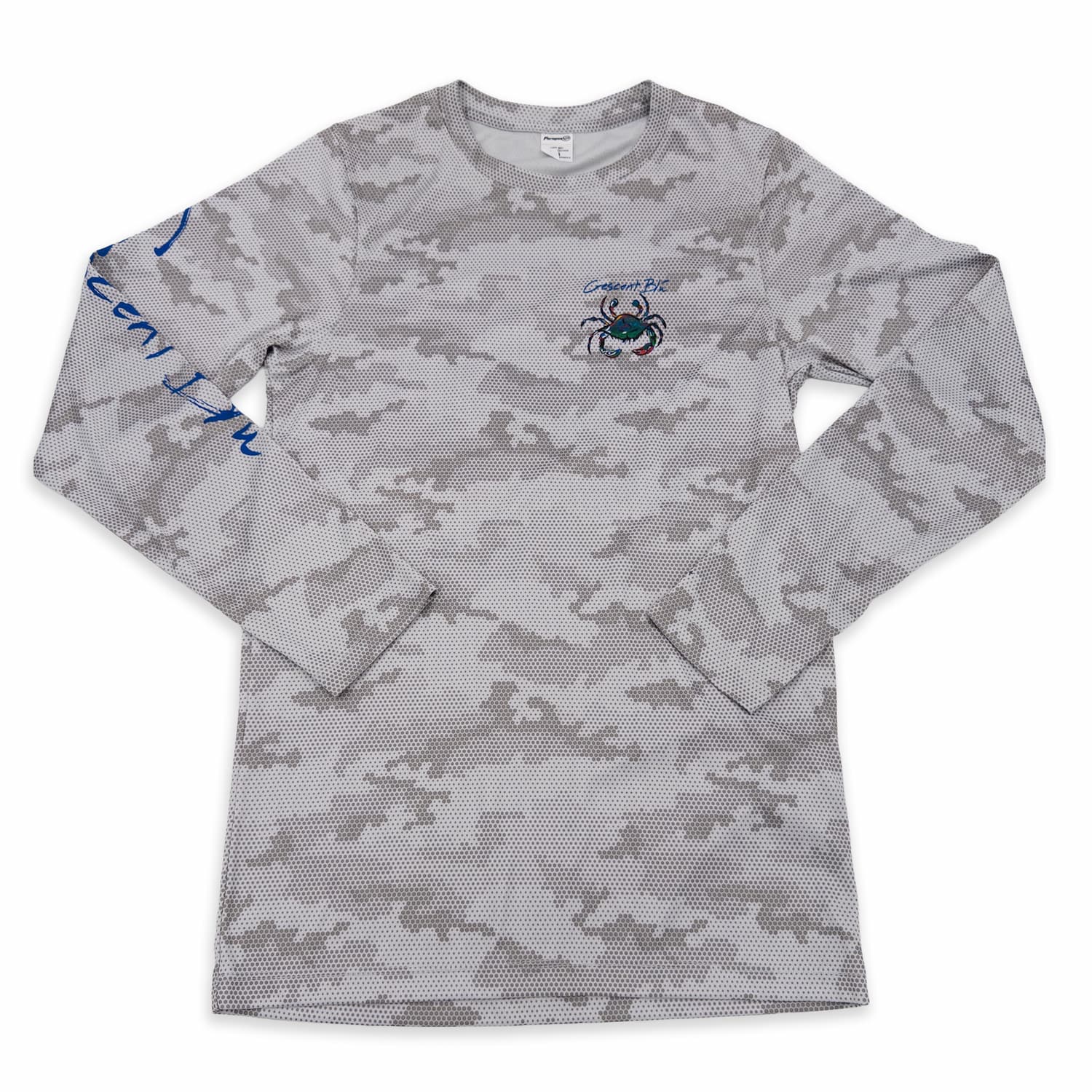 An adult long sleeve UPF sun shirt with a grey pin dot camouflage pattern and a colorful Crescent Blu crab printed on the left chest.