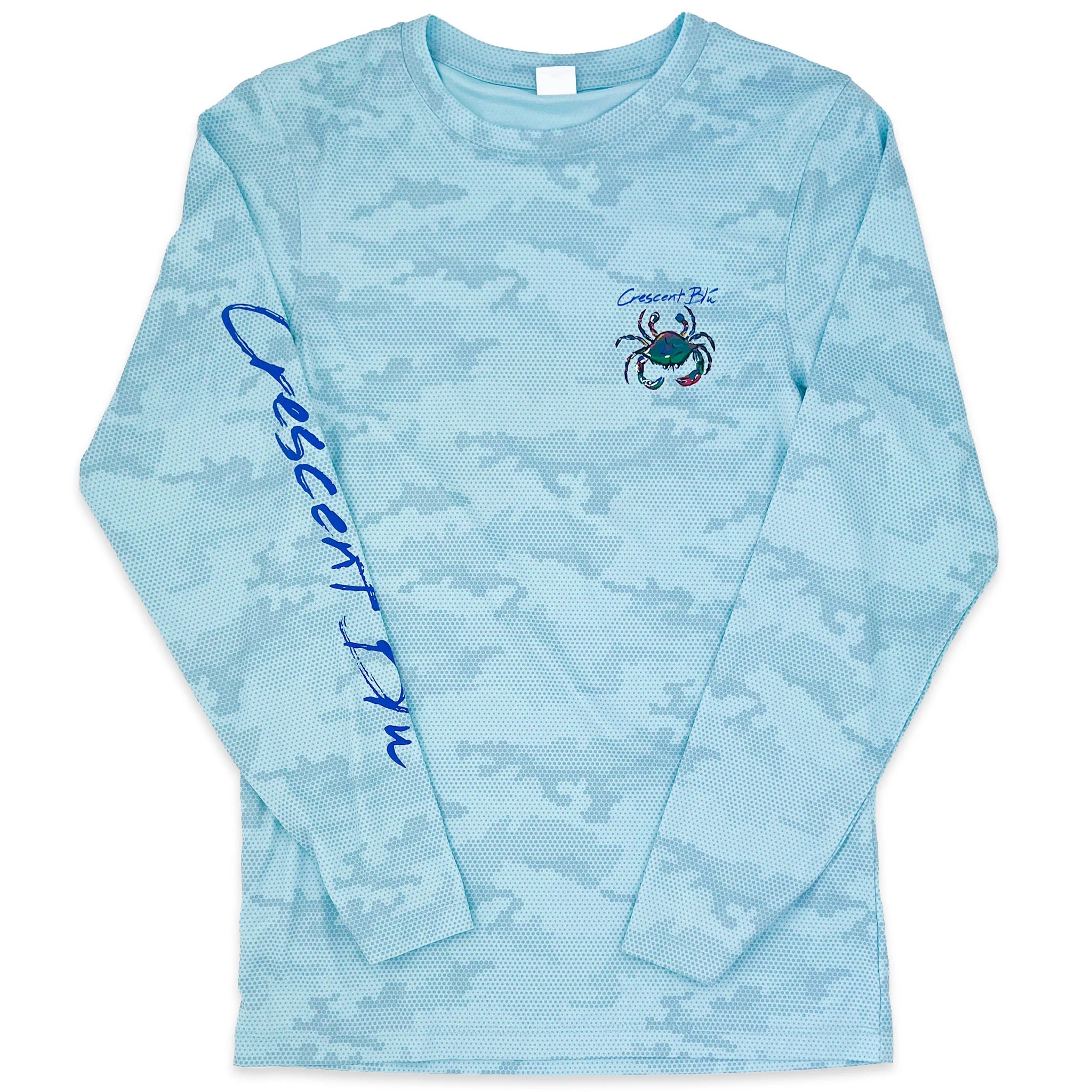 An adult blue aqua camo long sleeve Crescent Blu t-shirt with a blue crab on the left chest and Crescent Blu written on the right sleeve.