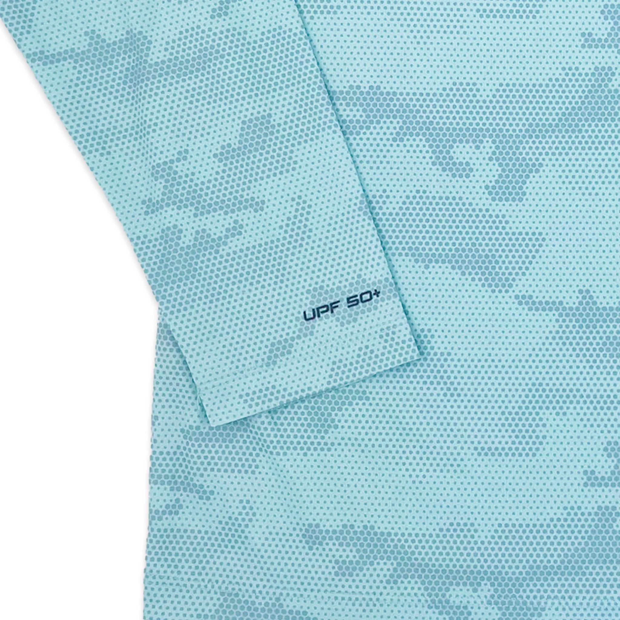 Close up of end of right sleeve of Aqua Camo with UPF 50+ logo.