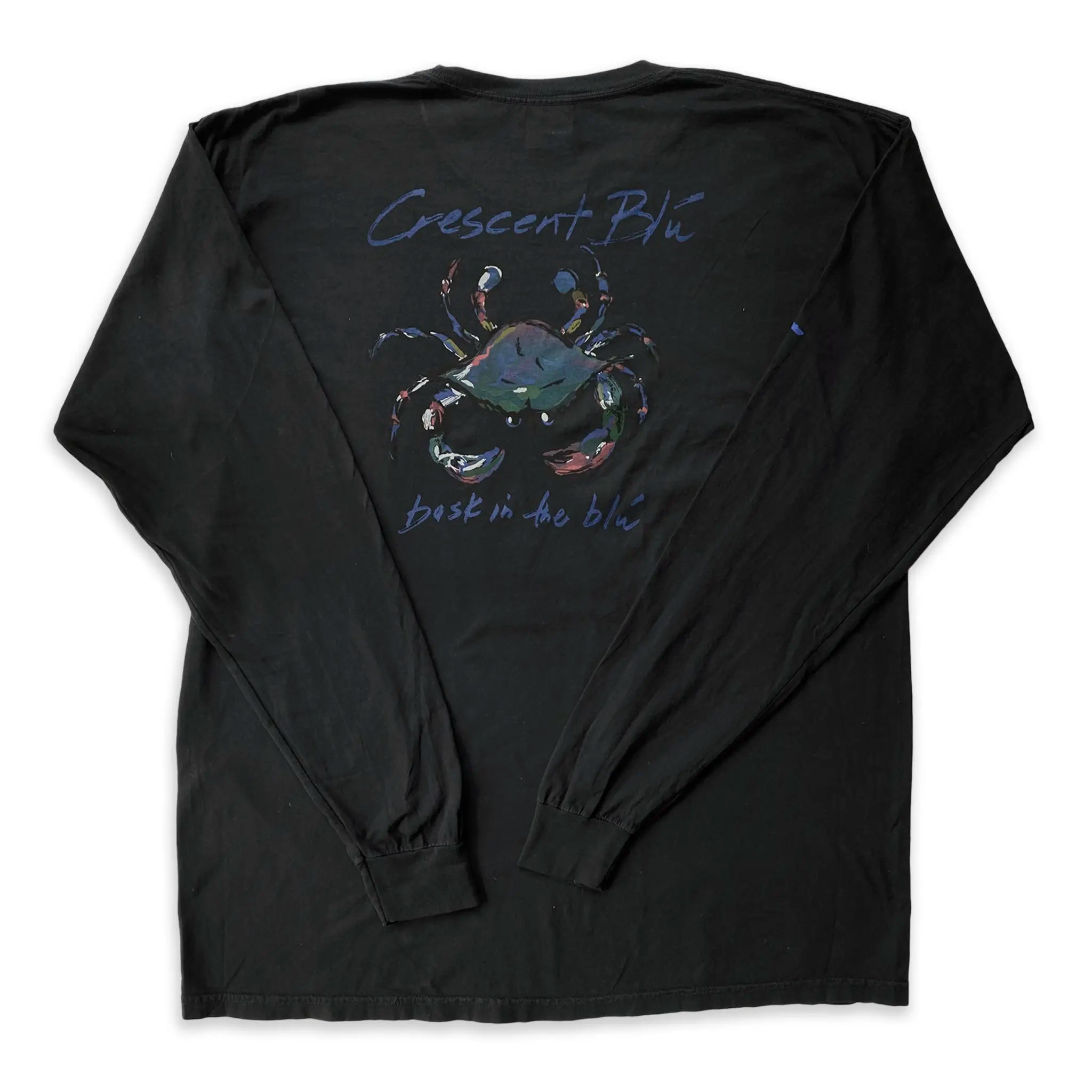 Back view of a black long sleeve t-shirt with large multi-colored Signature Crab logo on the back.