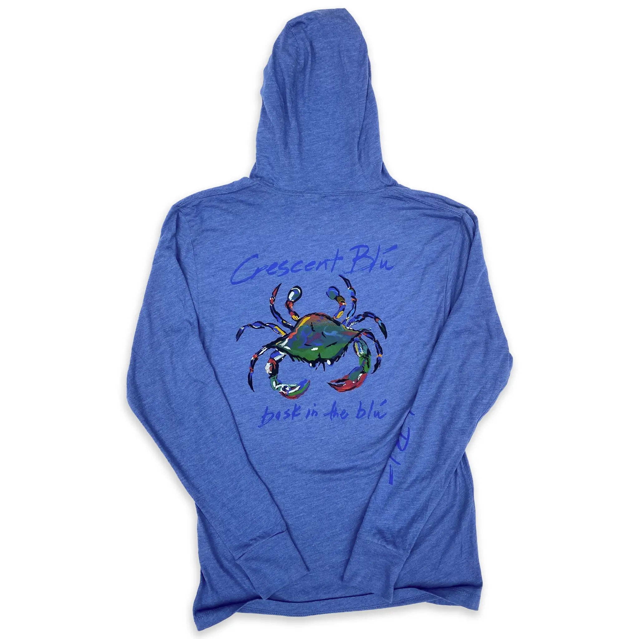 A colorful blue crab centered on the back of a blue hooded t-shirt