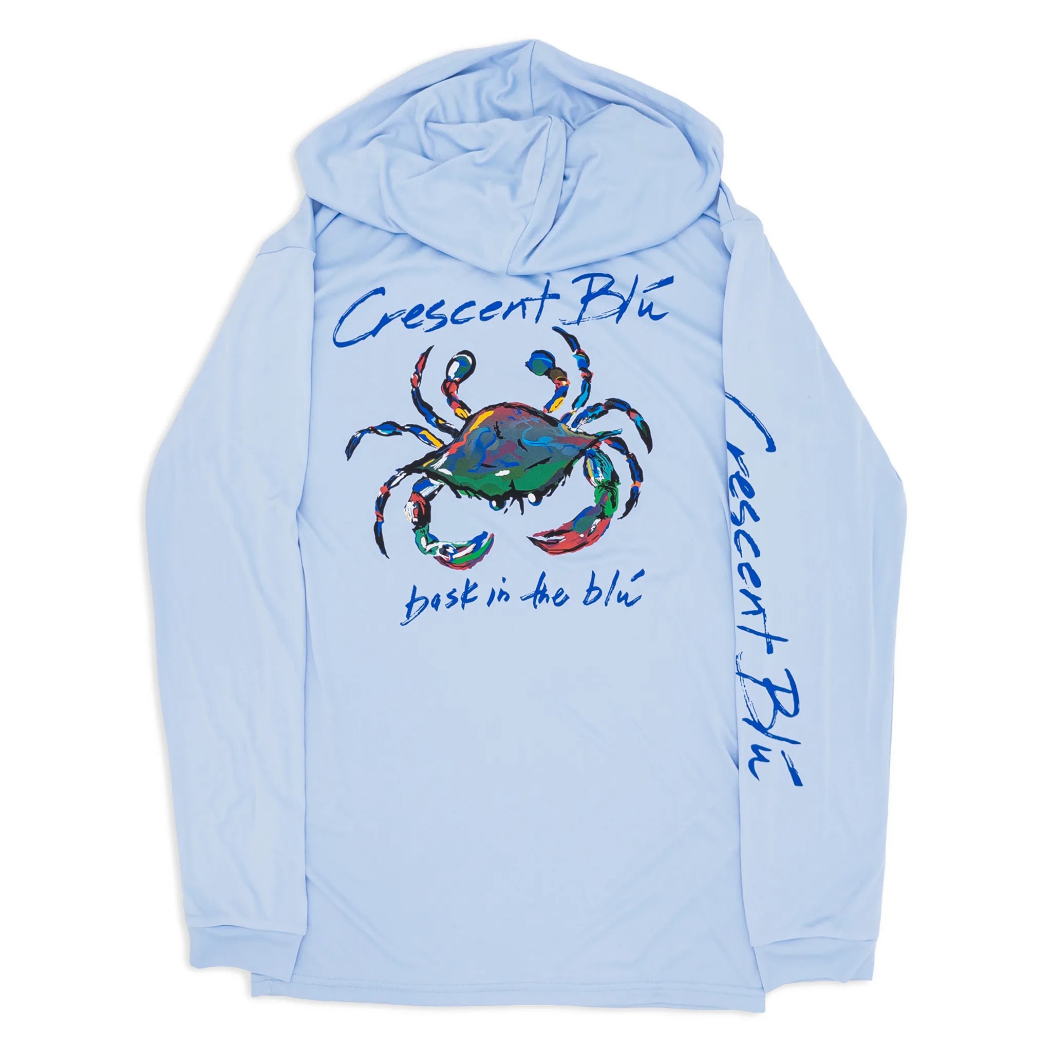 The back of an adult long sleeve light blue hooded sun protection shirt with a blue crab on the back
