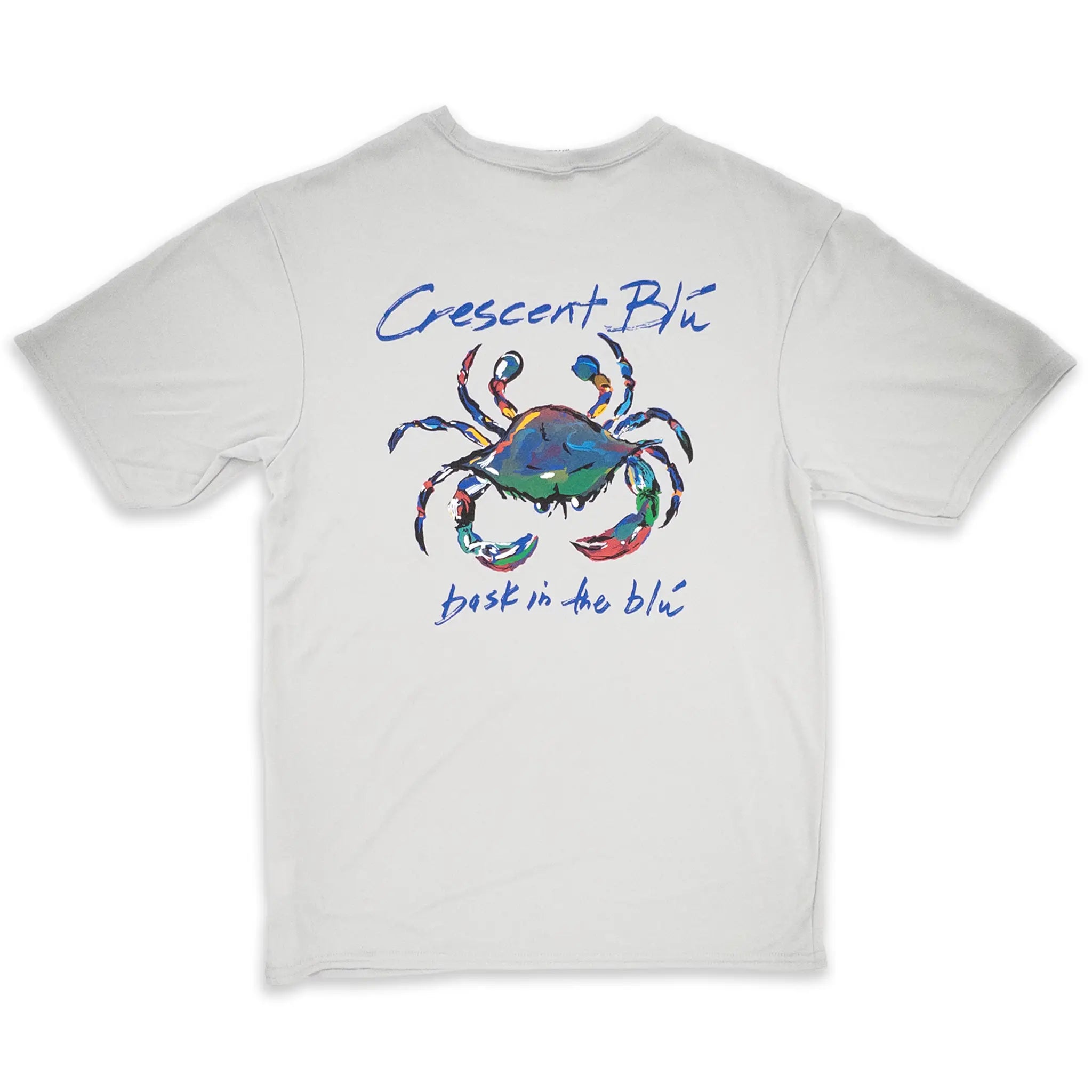 A silver grey short sleeve performance t-shirt with the Crescent Blu Signature Crab logo on the back