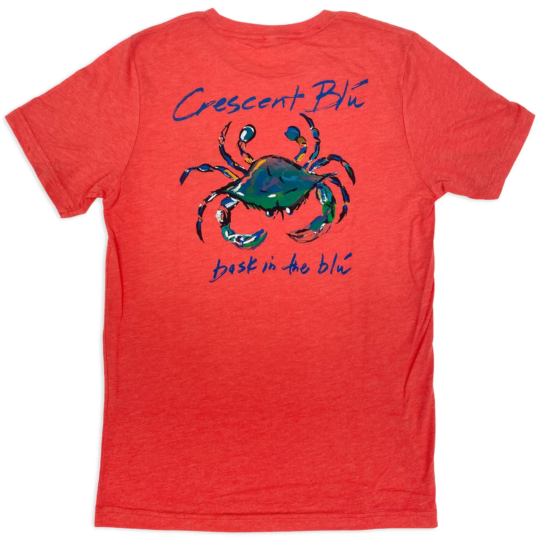 Red t-shirt with a colorful crab graphic and 'Crescent Blu' on the back