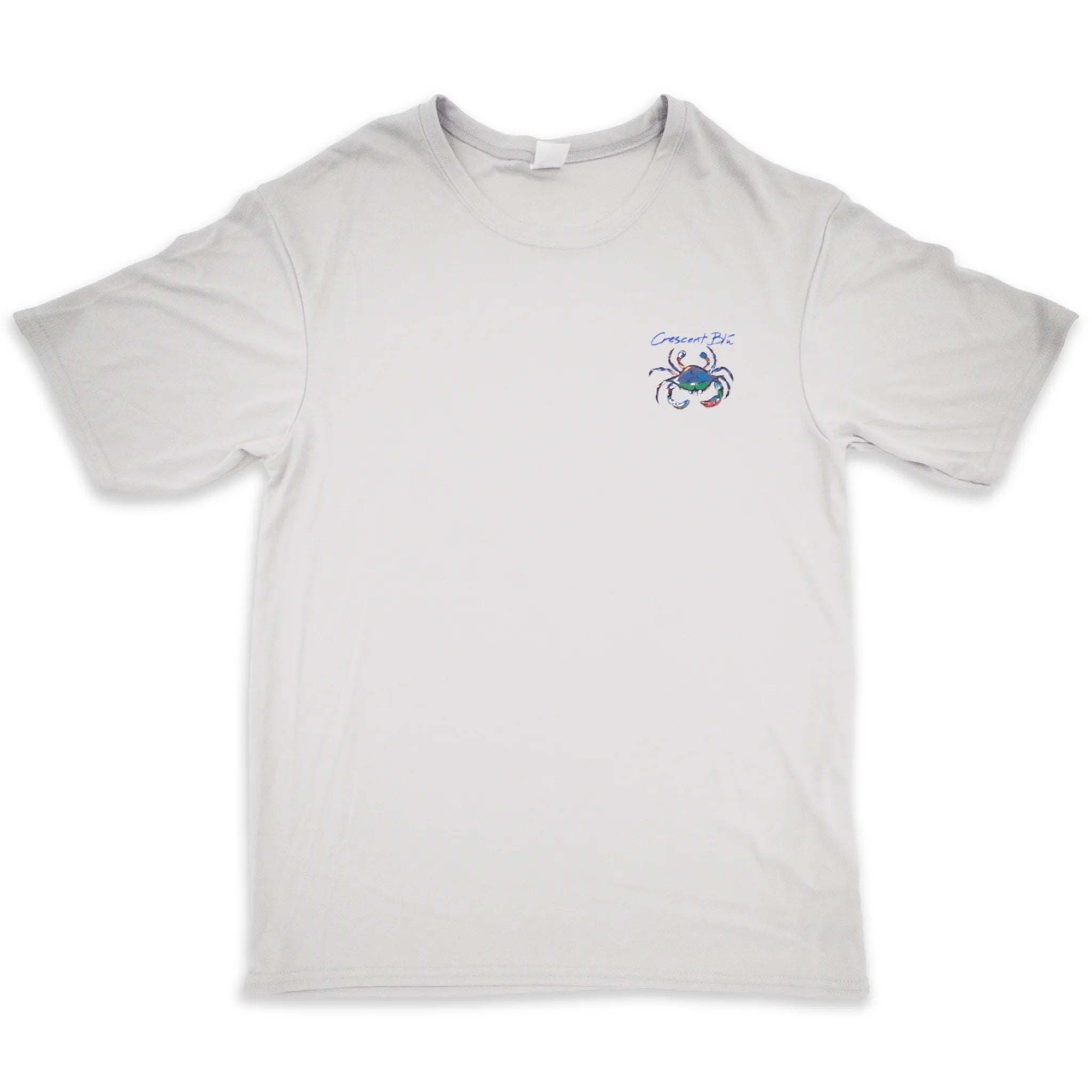 A silver short sleeve performance shirt in silver with a colorful crab on the left chest