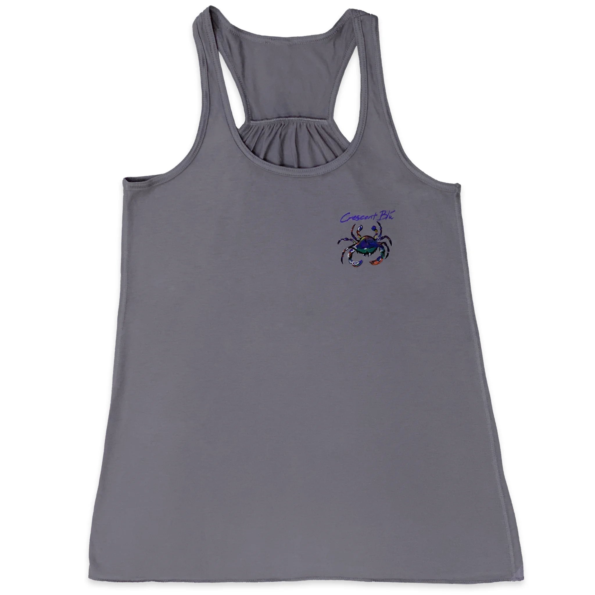 Front view of storm gray racerback tank top with small multi-colored Crescent Blu Signature Crab logo on the front left chest.