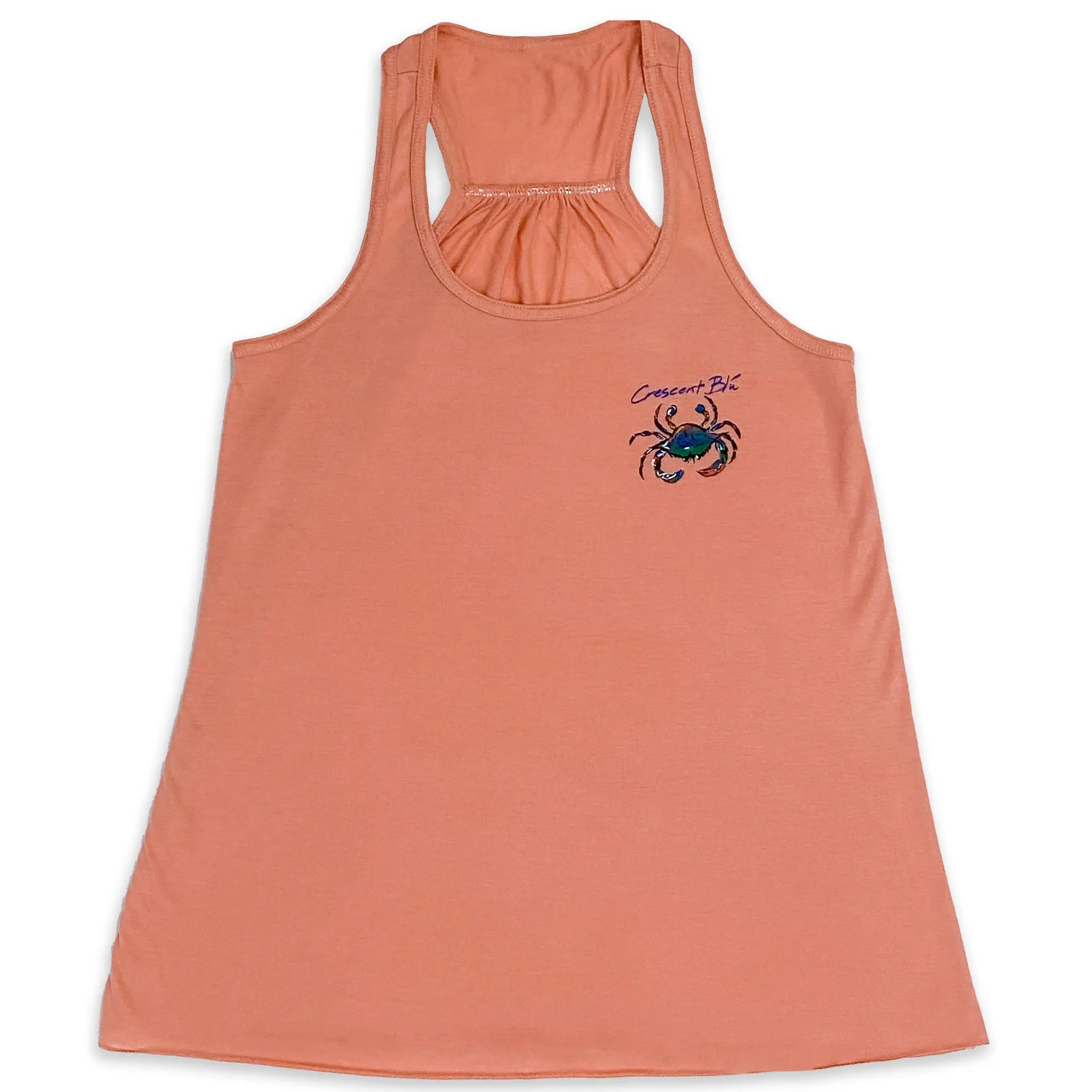 Front of a ladies racerback tank top in sunset with small Crescent Blu multi-colored crab logo on the front left chest.