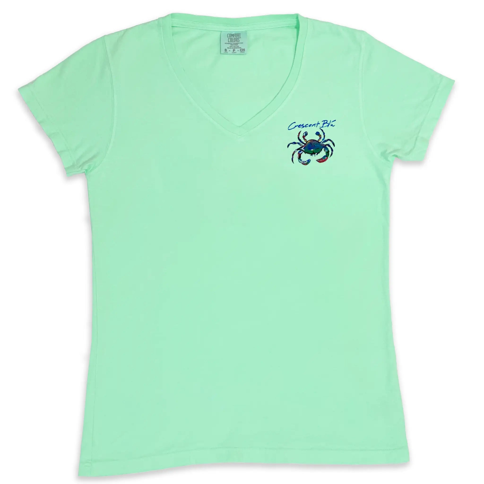 Front of a women's v-neck Island Green short sleeve T-shirt with multi-colored Signature Crab logo on upper left chest of shirt.