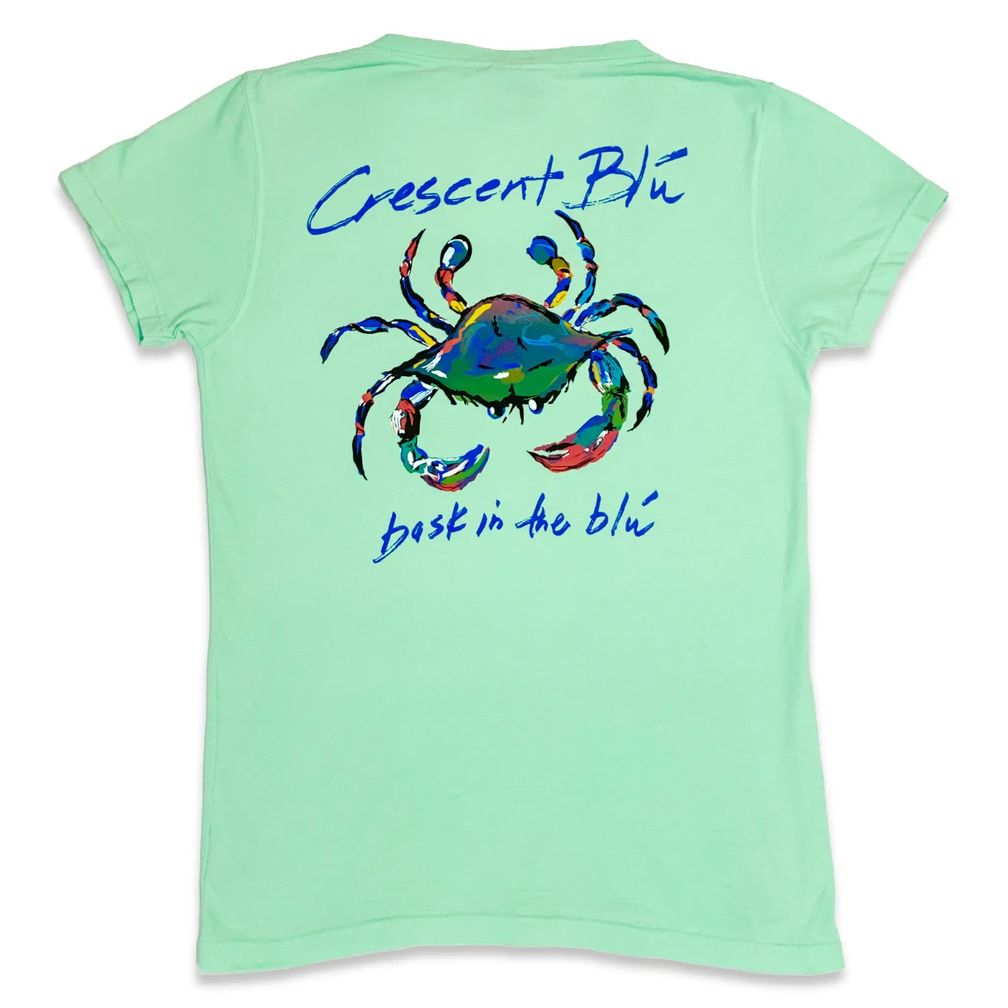 Back view of women's v-neck Island Green short sleeve Tee with large multi-colored crab in the center.