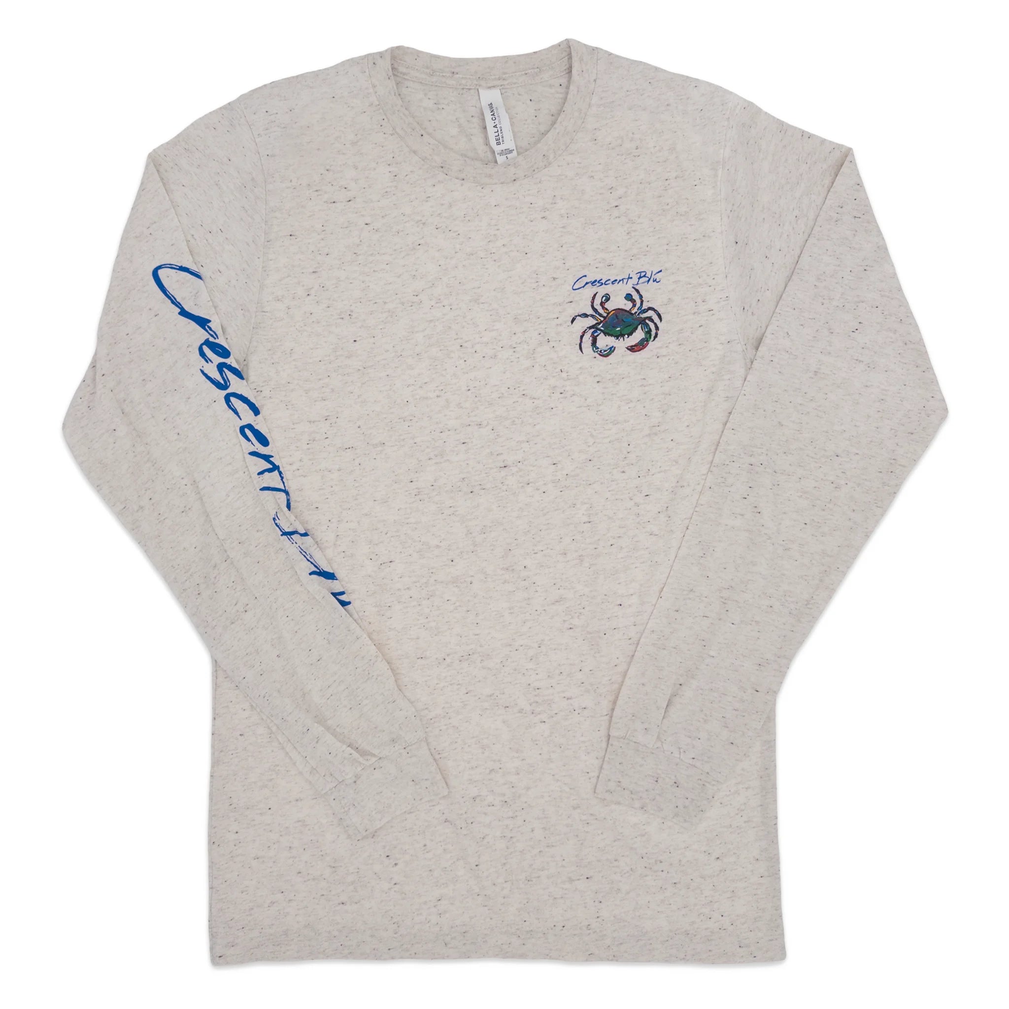 A light oatmeal heather long-sleeve t-shirt with blue text on the left sleeve and a small blue crab graphic with Crescent Blu text above the crab