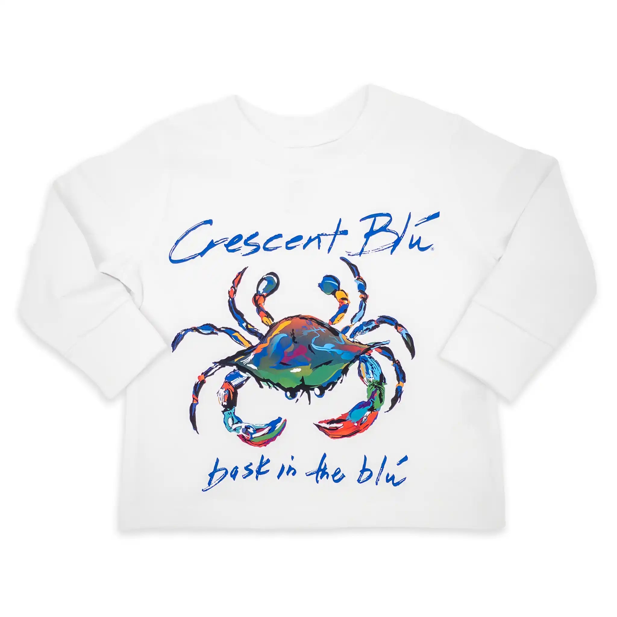 White long sleeve toddler t-shirt with a colorful crab and 'Crescent Blu' text on a the front.