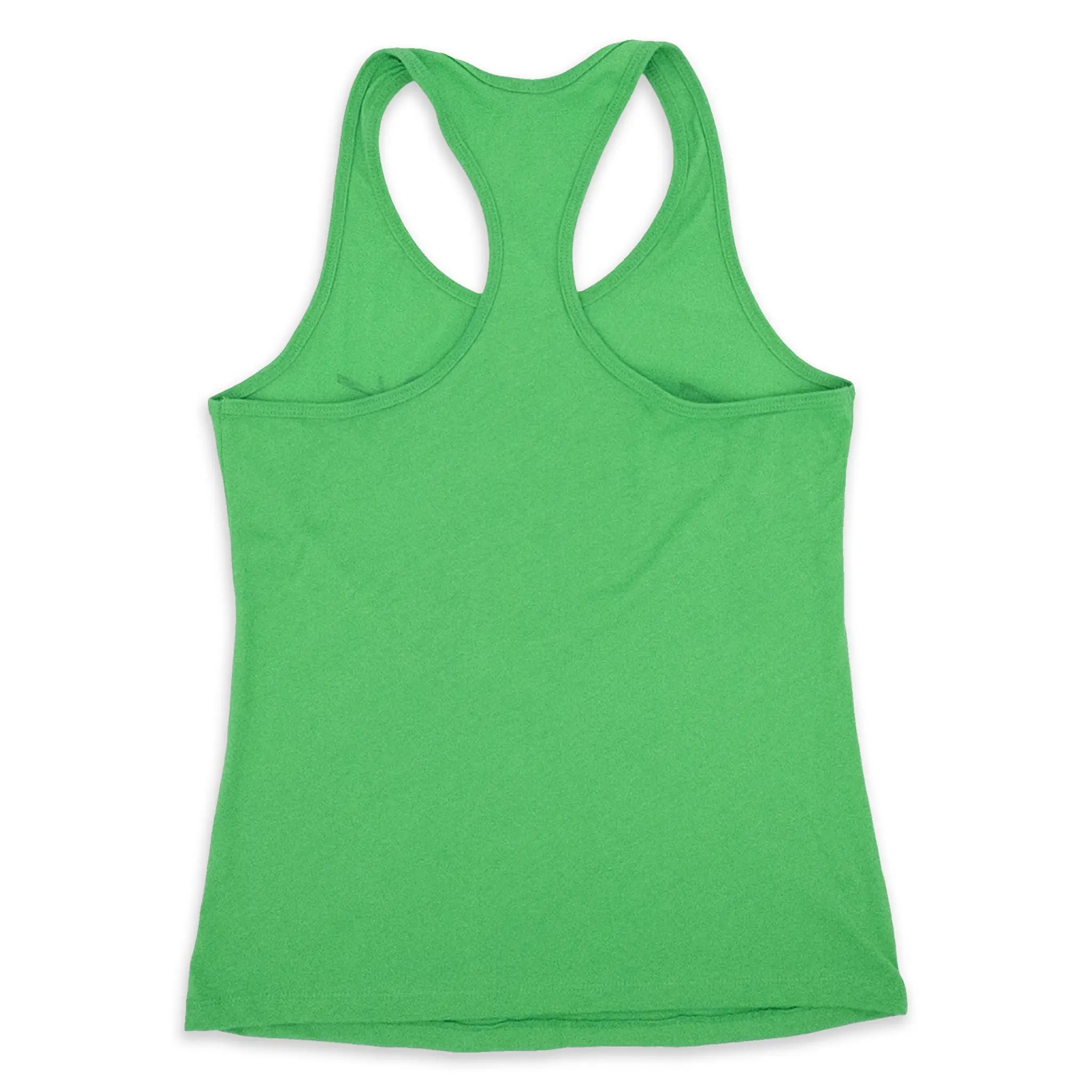 The back of a synthetic green women's racerback tank top